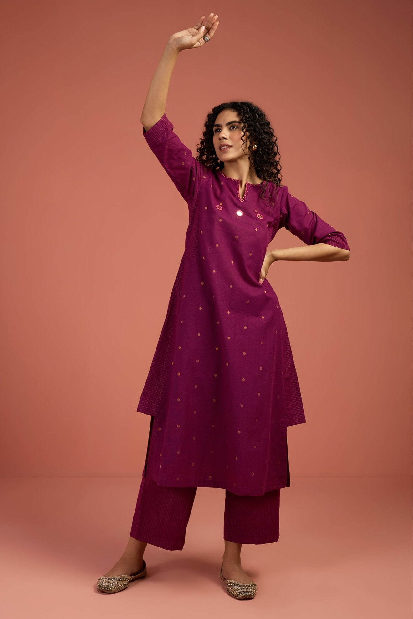 Maati Craft Co-ord Set Wine Ember Long Kurta with Side Twist