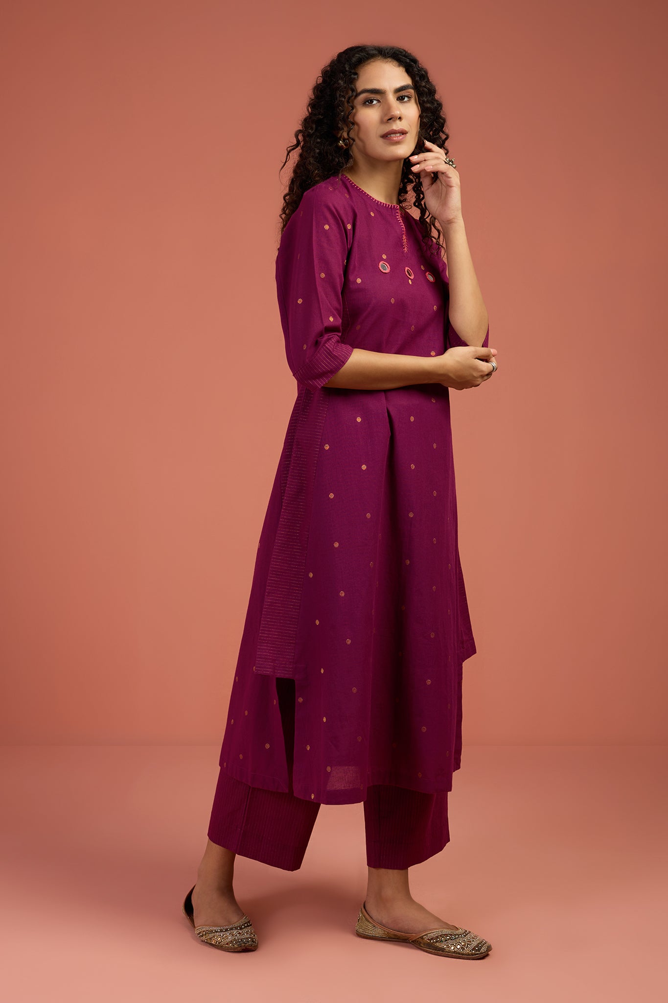 Maati Craft Co-ord Set Wine Ember Long Kurta with Side Twist