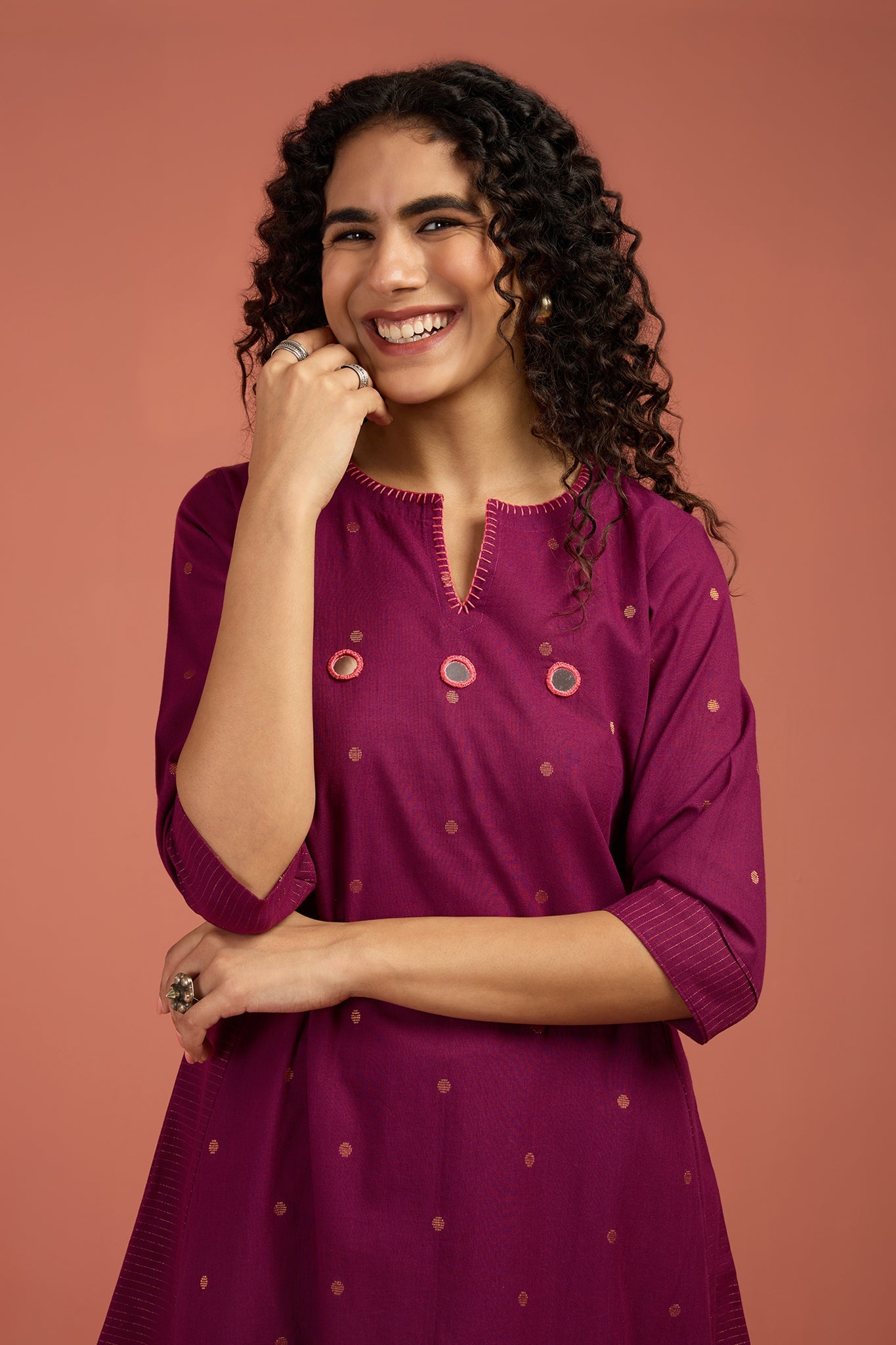 Maati Craft Co-ord Set Wine Ember Long Kurta with Side Twist