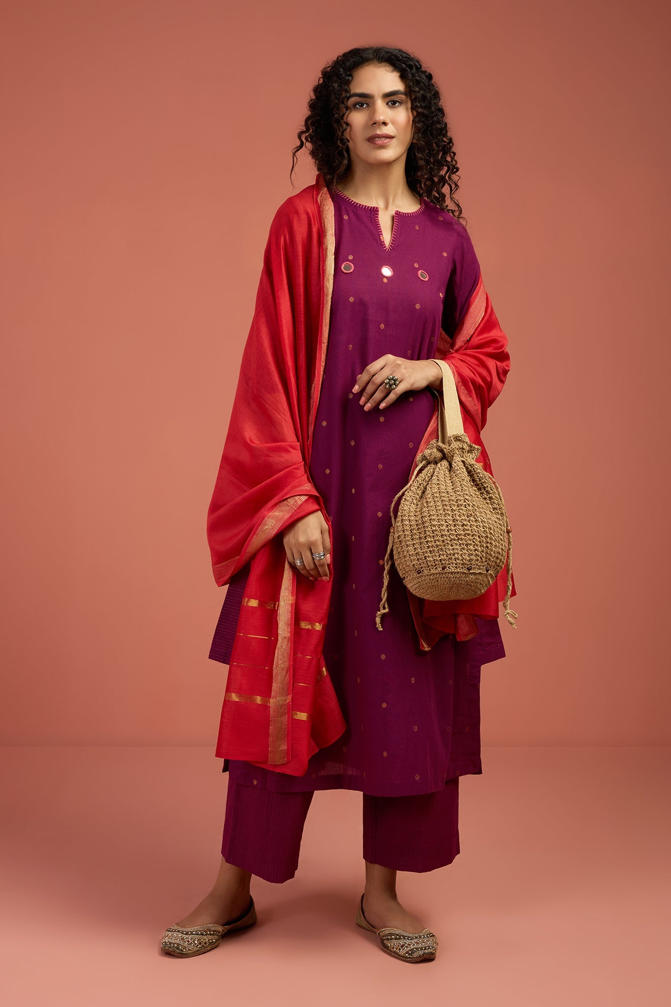 Maati Craft Co-ord Set Wine Ember Long Kurta with Side Twist