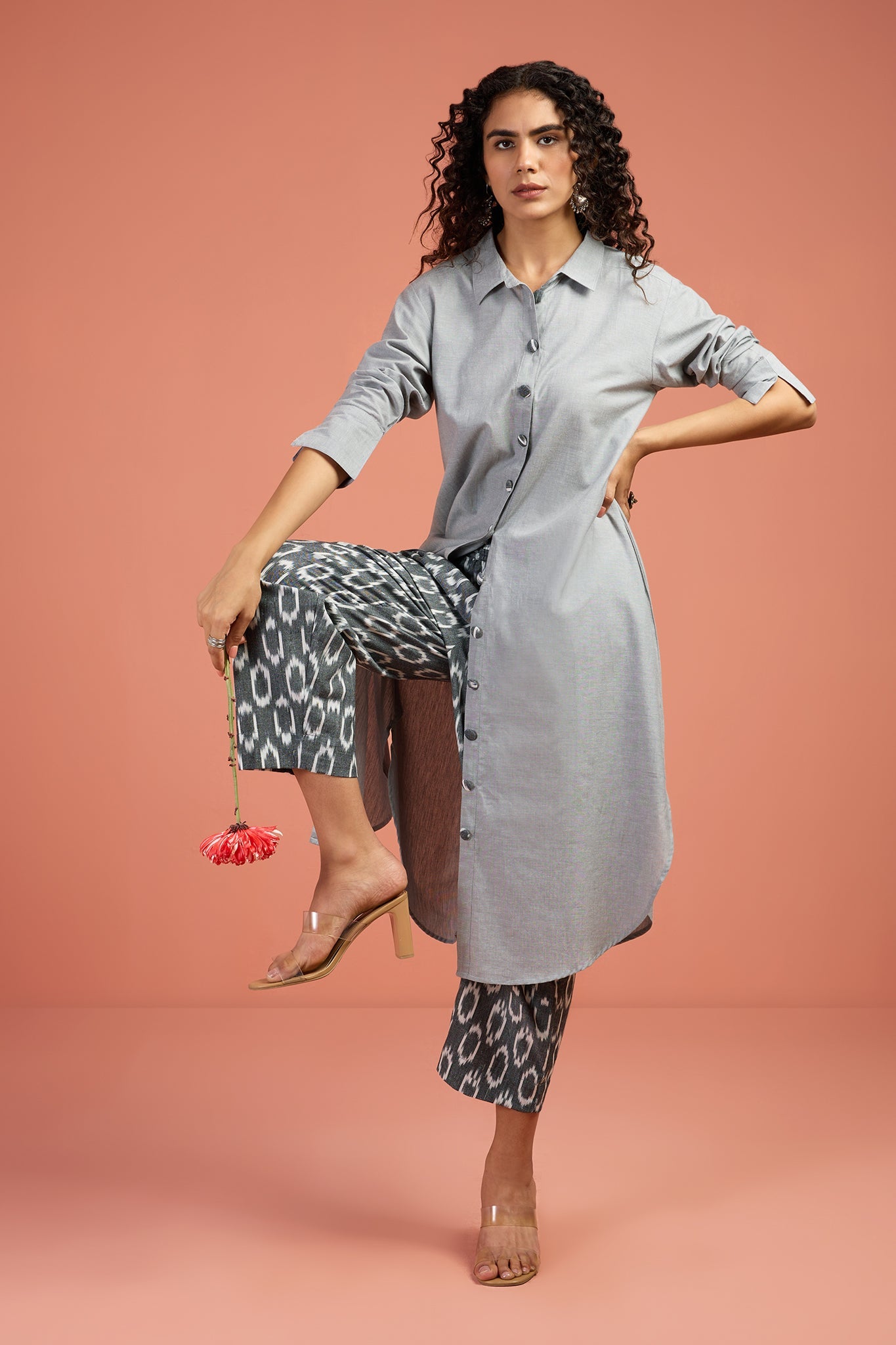 womens cotton shirt dress with printed plazzo