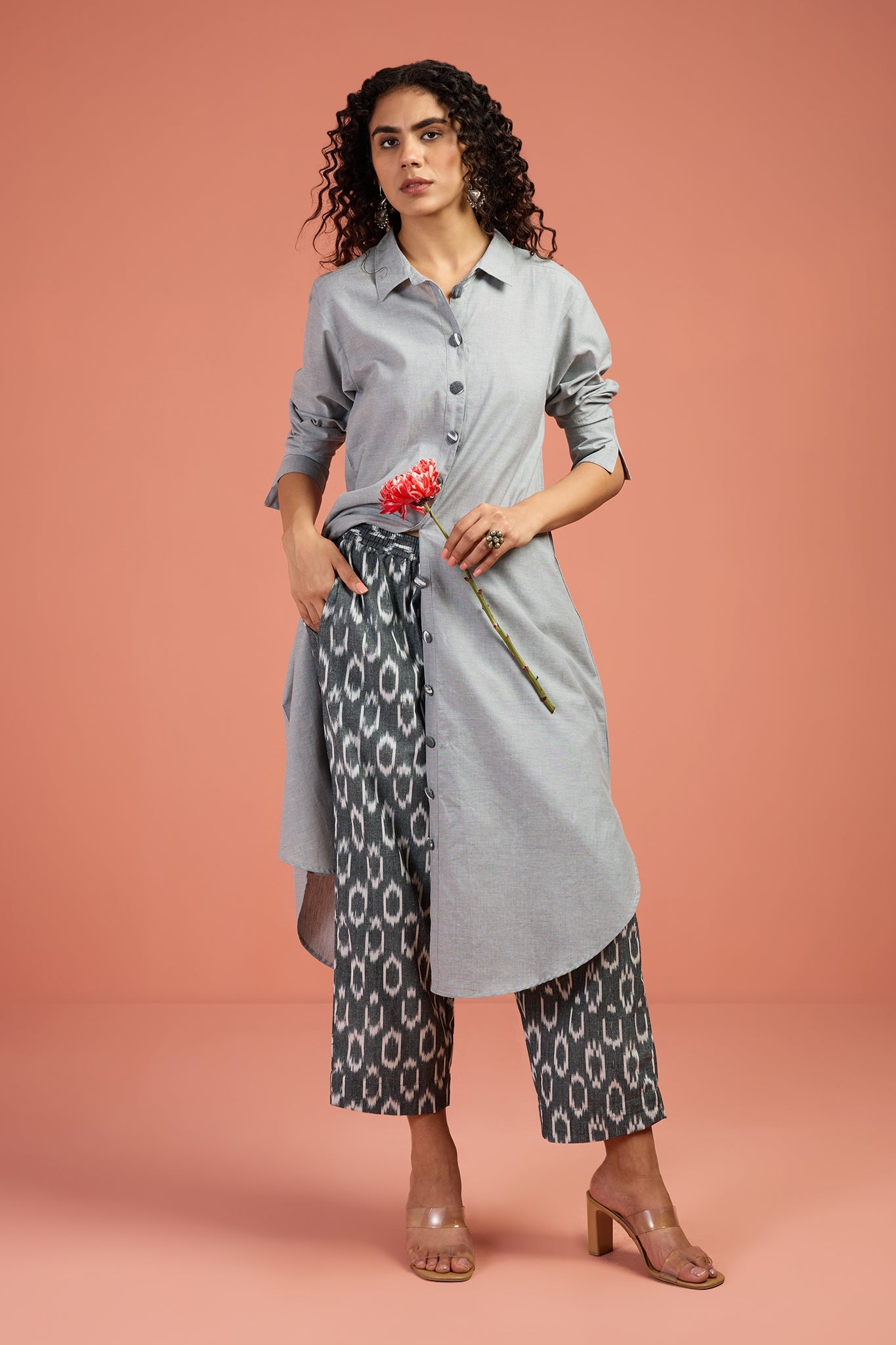 Drift grey cotton shirt dress for women with pants