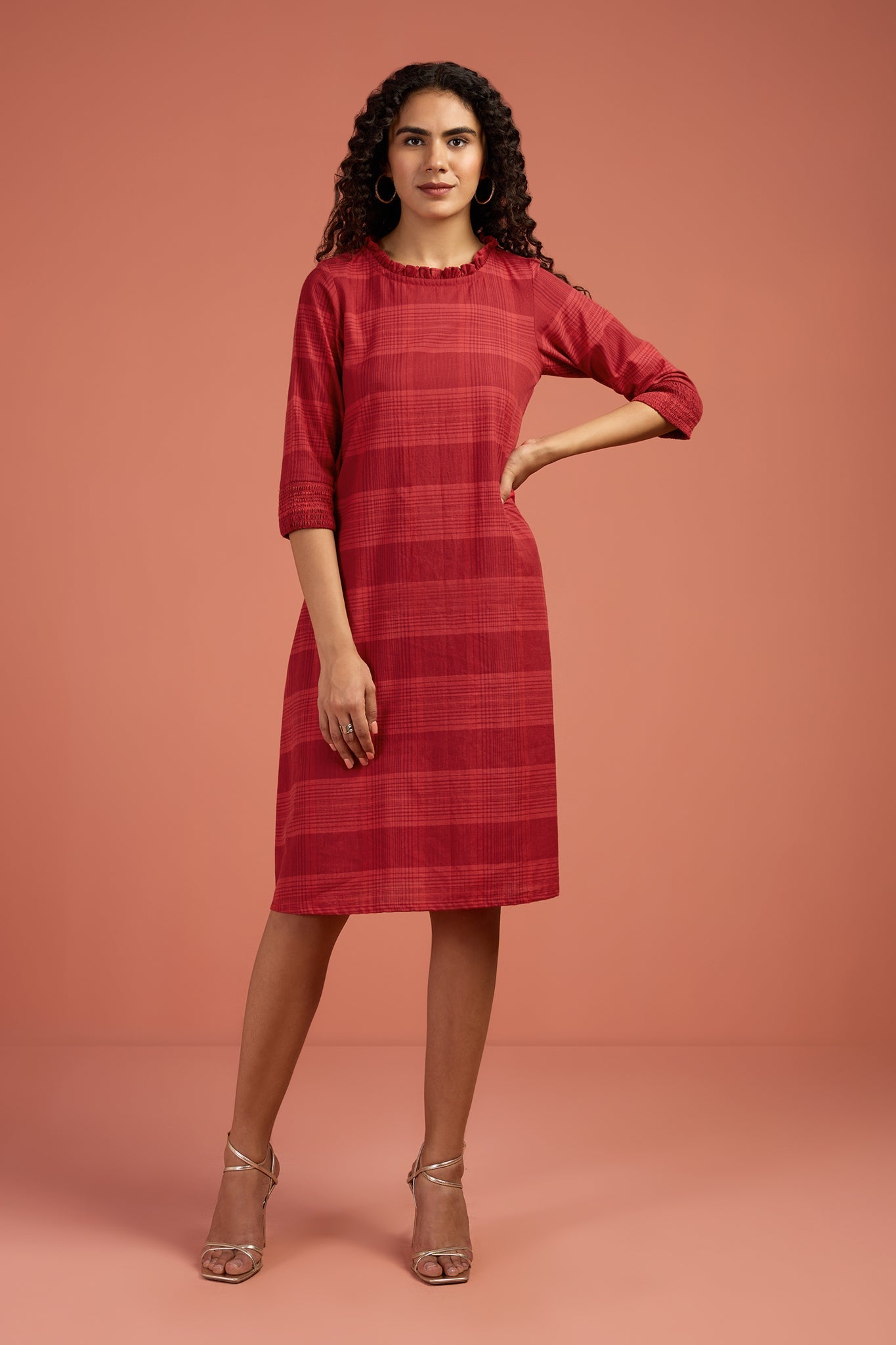 Plaid Smocked Sleeve Shift Dress