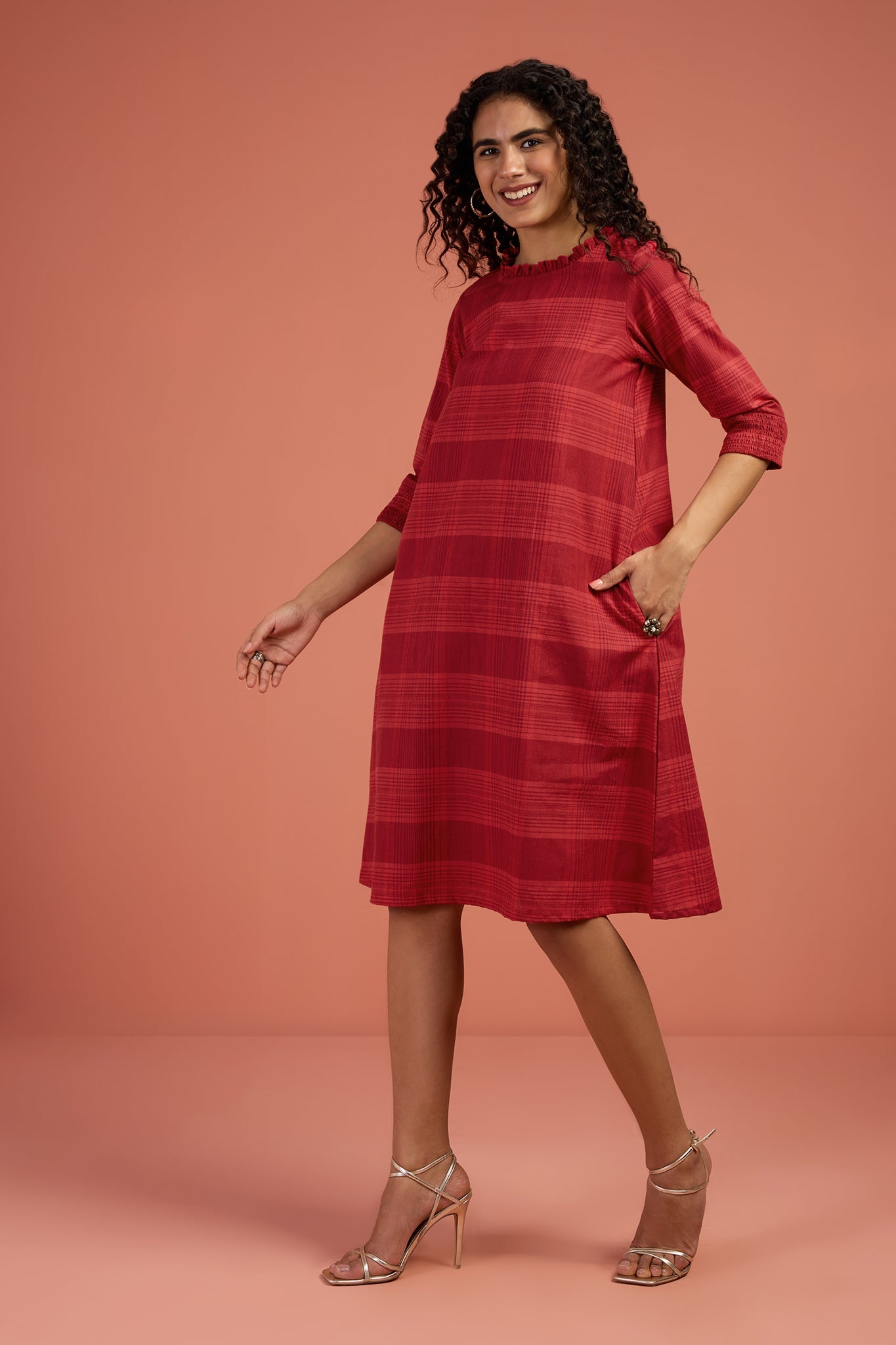 Maati Craft Red Madras Plaid Smocked Sleeve Shift Dress