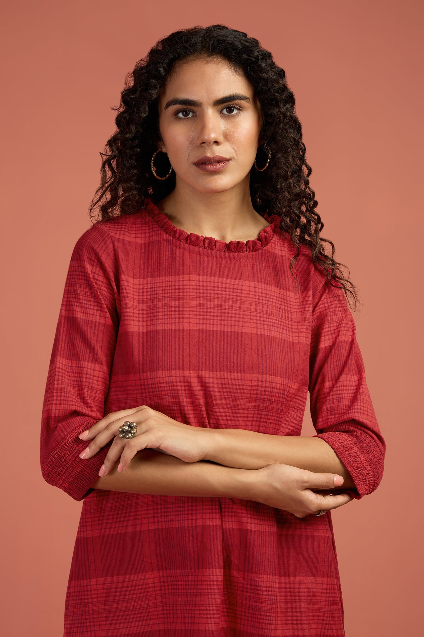 Maati Craft Red Madras Plaid Smocked Sleeve Shift Dress