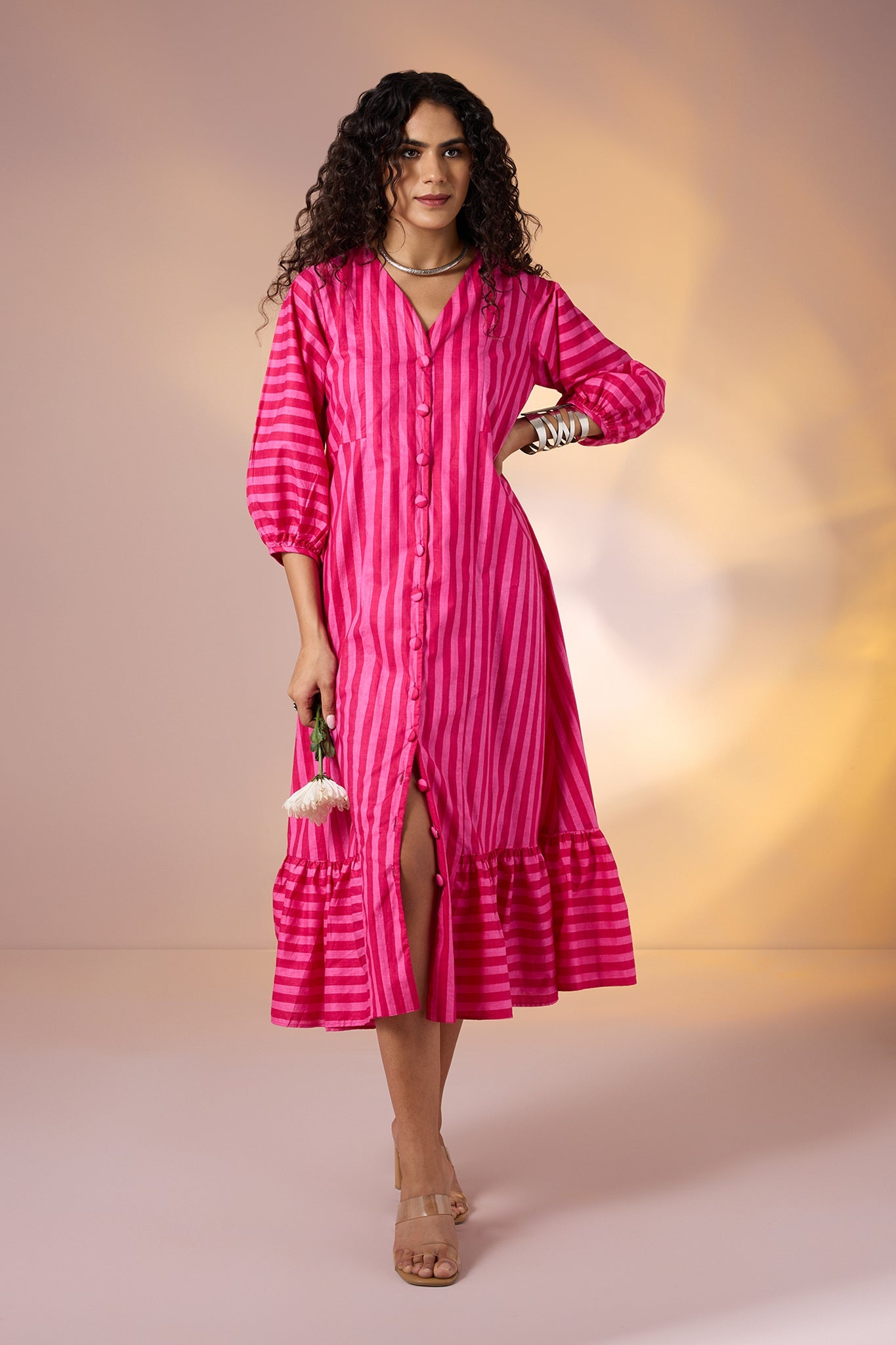 Blush Bold Bands Midi Dress With Ruffle Border Mc