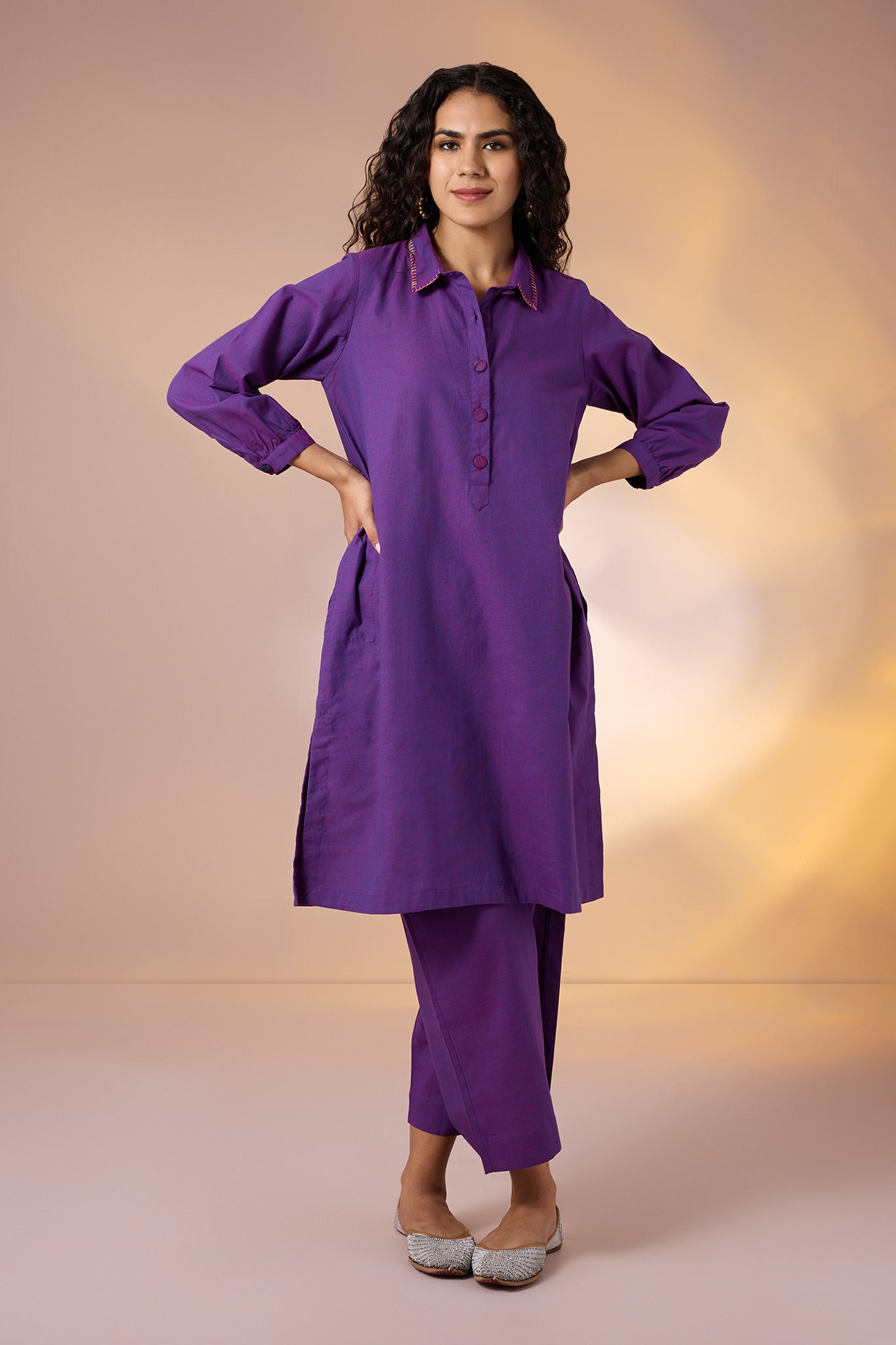 Maati Craft Gulabi Set of 2: Co-ord Set Amethyst Hue Cotton Collar Kurta & Pants