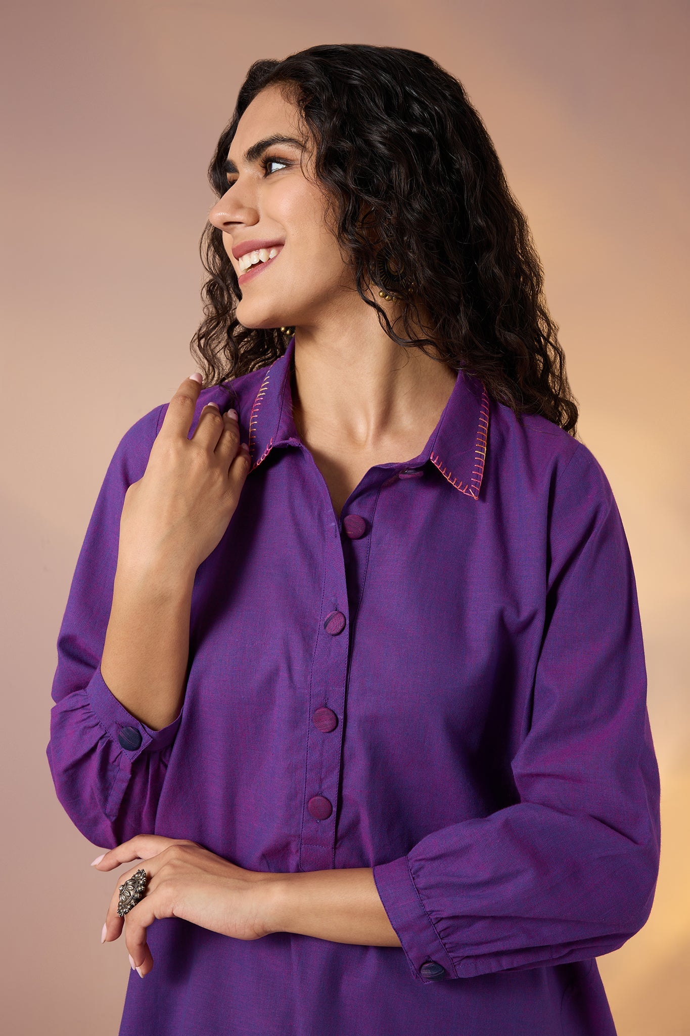 Maati Craft Gulabi Set of 2: Co-ord Set Amethyst Hue Cotton Collar Kurta & Pants