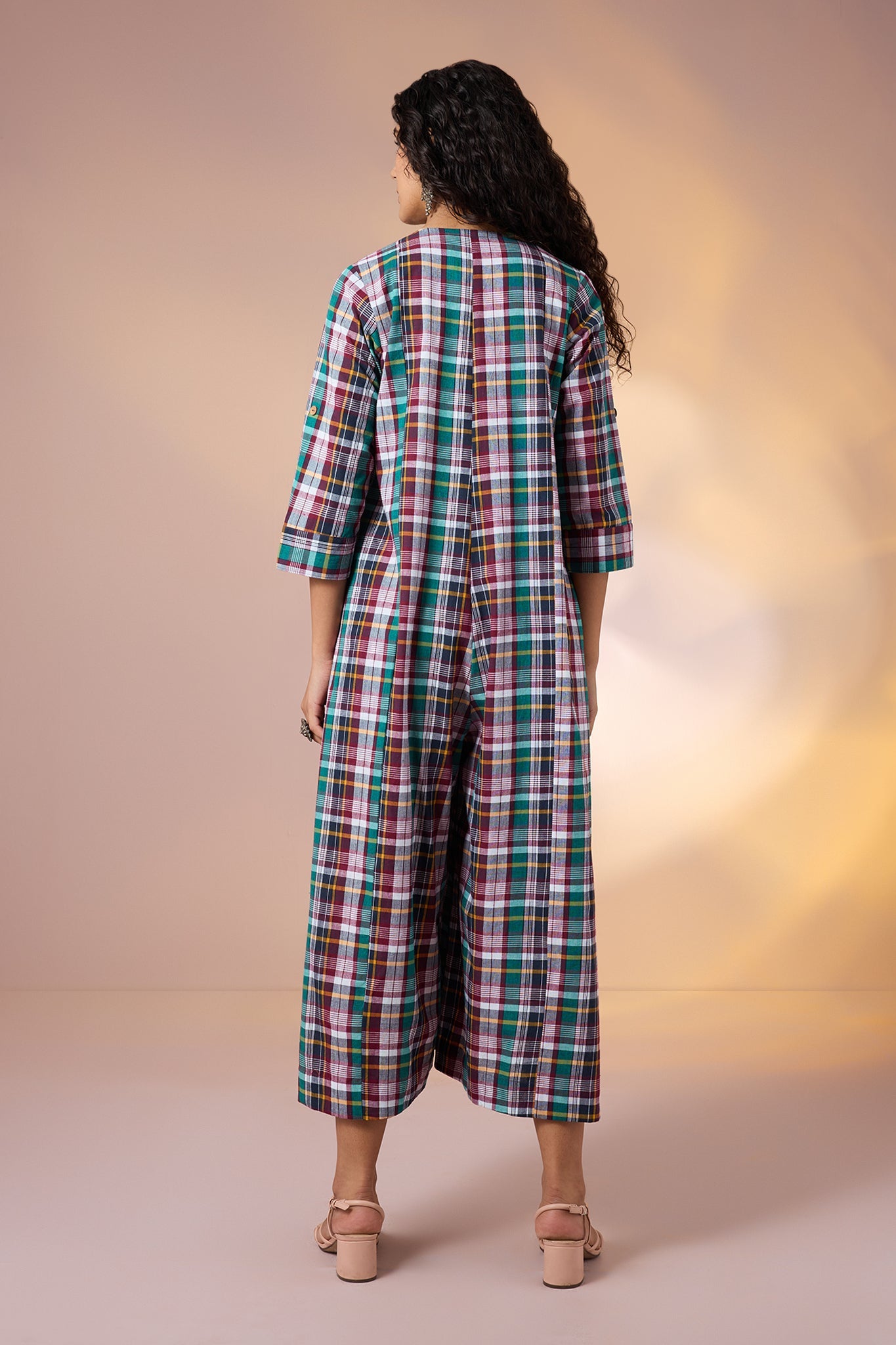 Maati Craft Gulabi Carnival Plaid Front Zipper Cotton Jumpsuit with Pockets & Sleeves