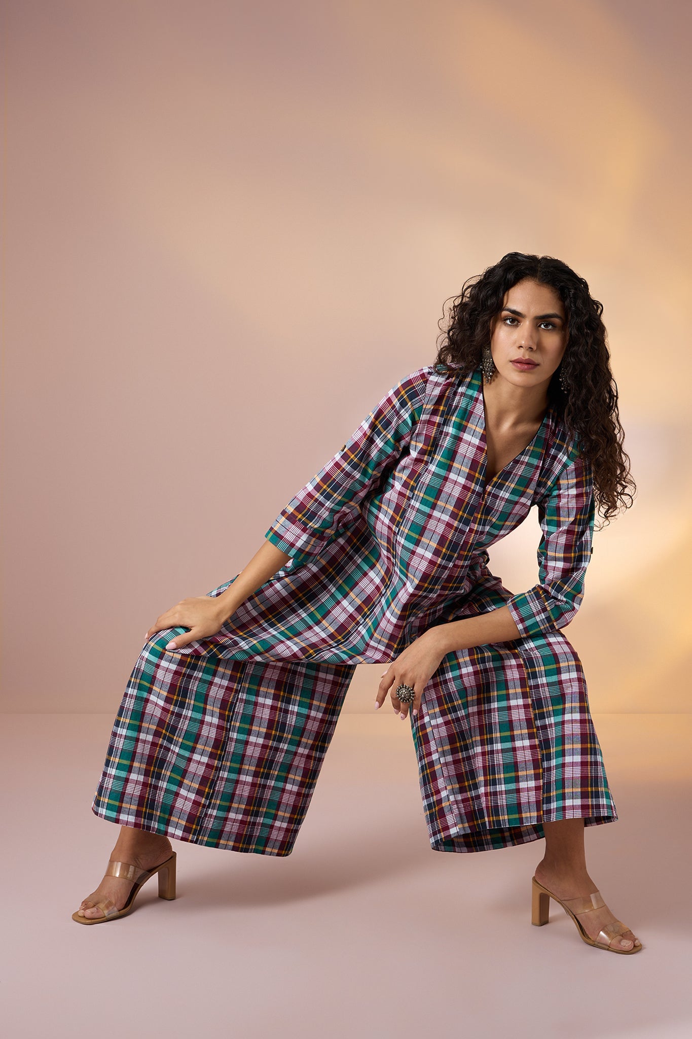 Maati Craft Gulabi Carnival Plaid Front Zipper Cotton Jumpsuit with Pockets & Sleeves