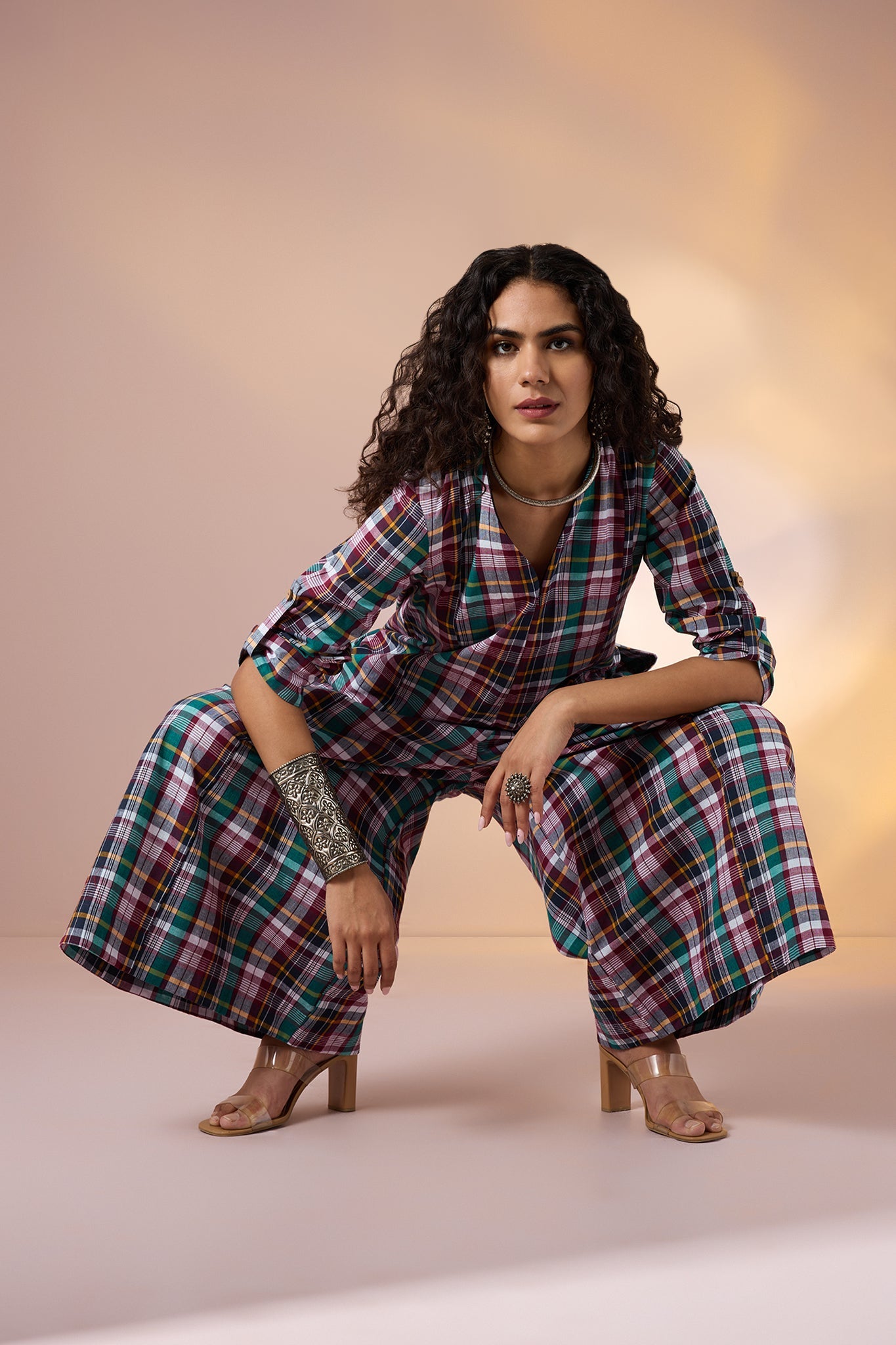 Maati Craft Gulabi Carnival Plaid Front Zipper Cotton Jumpsuit with Pockets & Sleeves