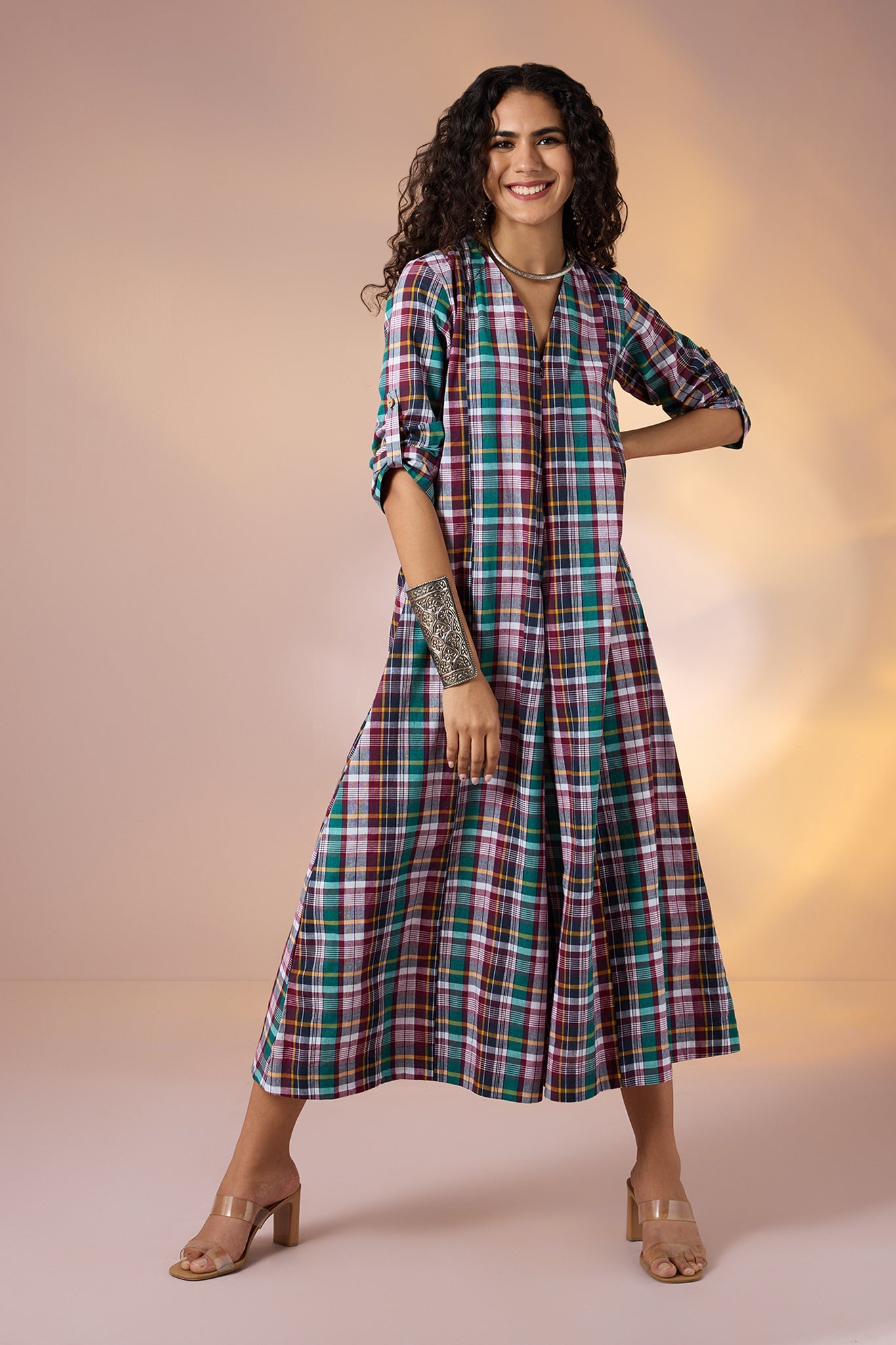 Maati Craft Gulabi Carnival Plaid Front Zipper Cotton Jumpsuit with Pockets & Sleeves