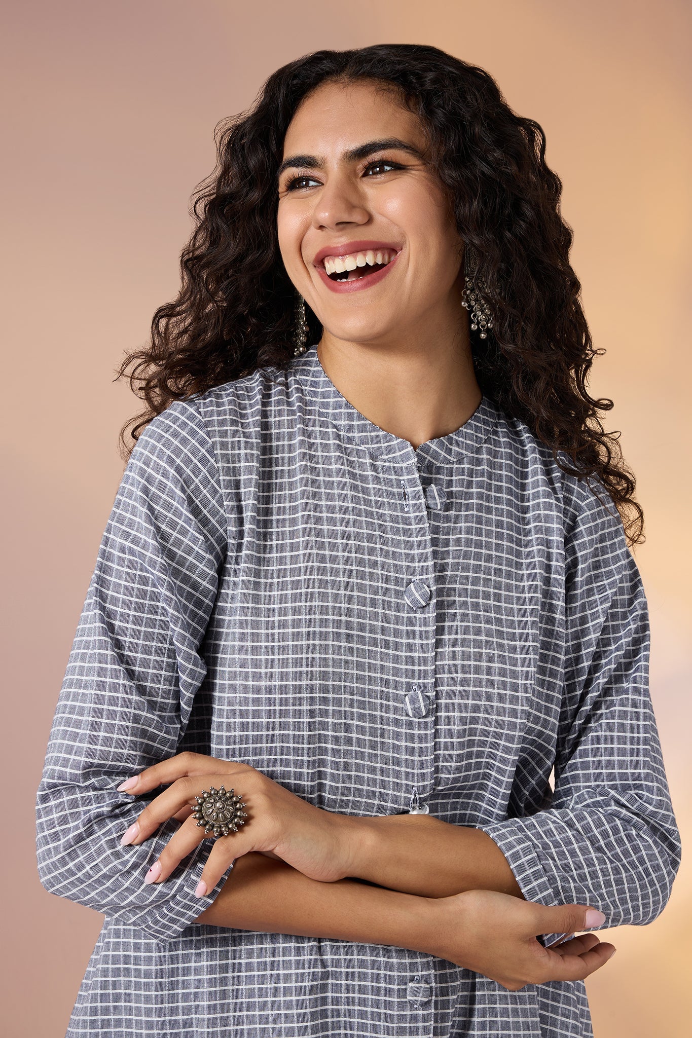 Maati Co-Ord Set Graphite Checks Cotton Asymmetrical Hemline Button Down Tunic