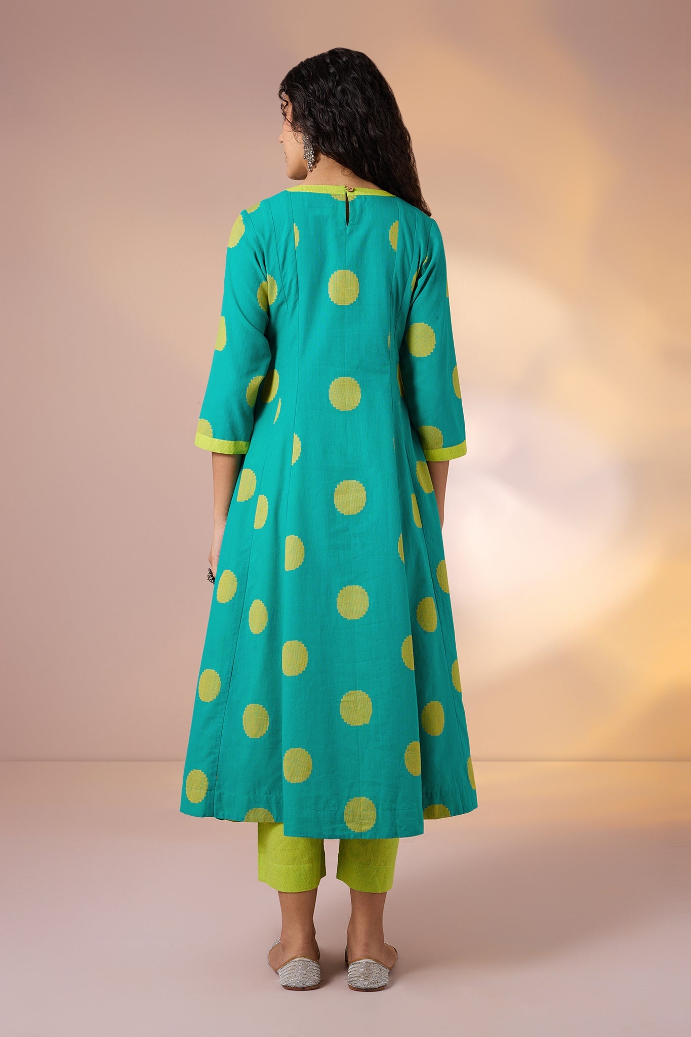Maati Craft Gulabi Chartreuse Dots Cotton V Neck Anarkali