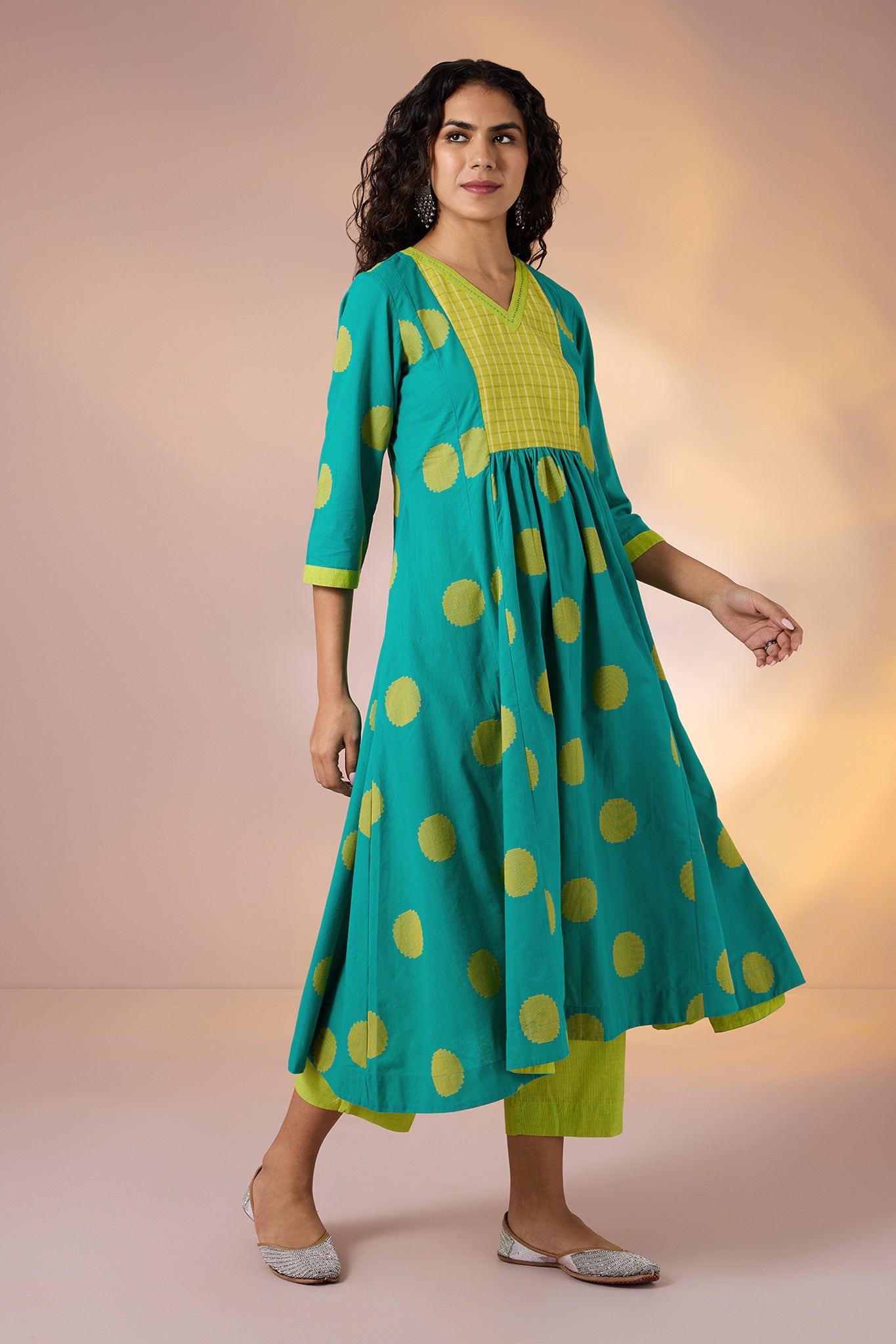 Maati Craft Gulabi Chartreuse Dots Cotton V Neck Anarkali