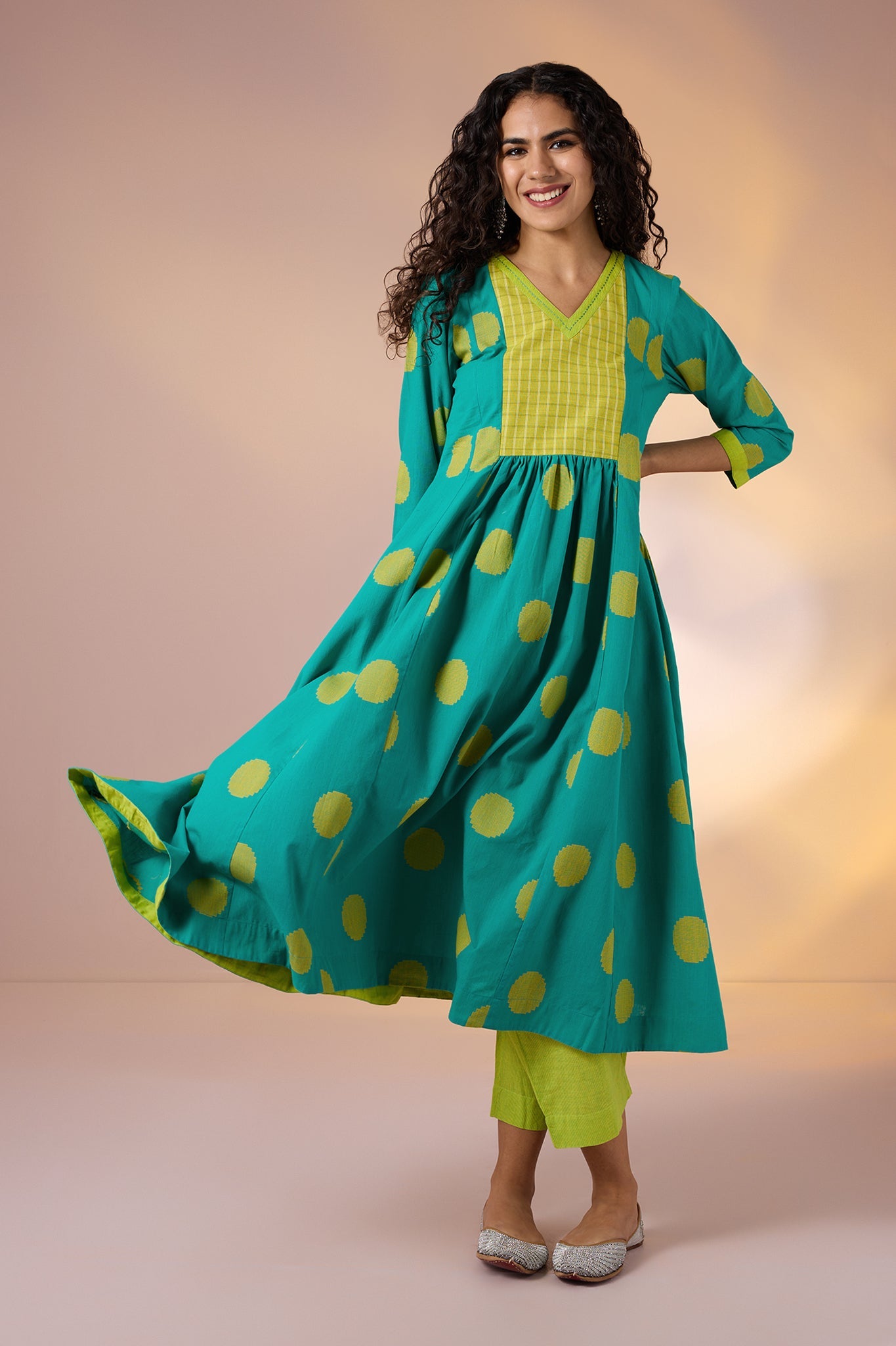 Maati Craft Gulabi Chartreuse Dots Cotton V Neck Anarkali