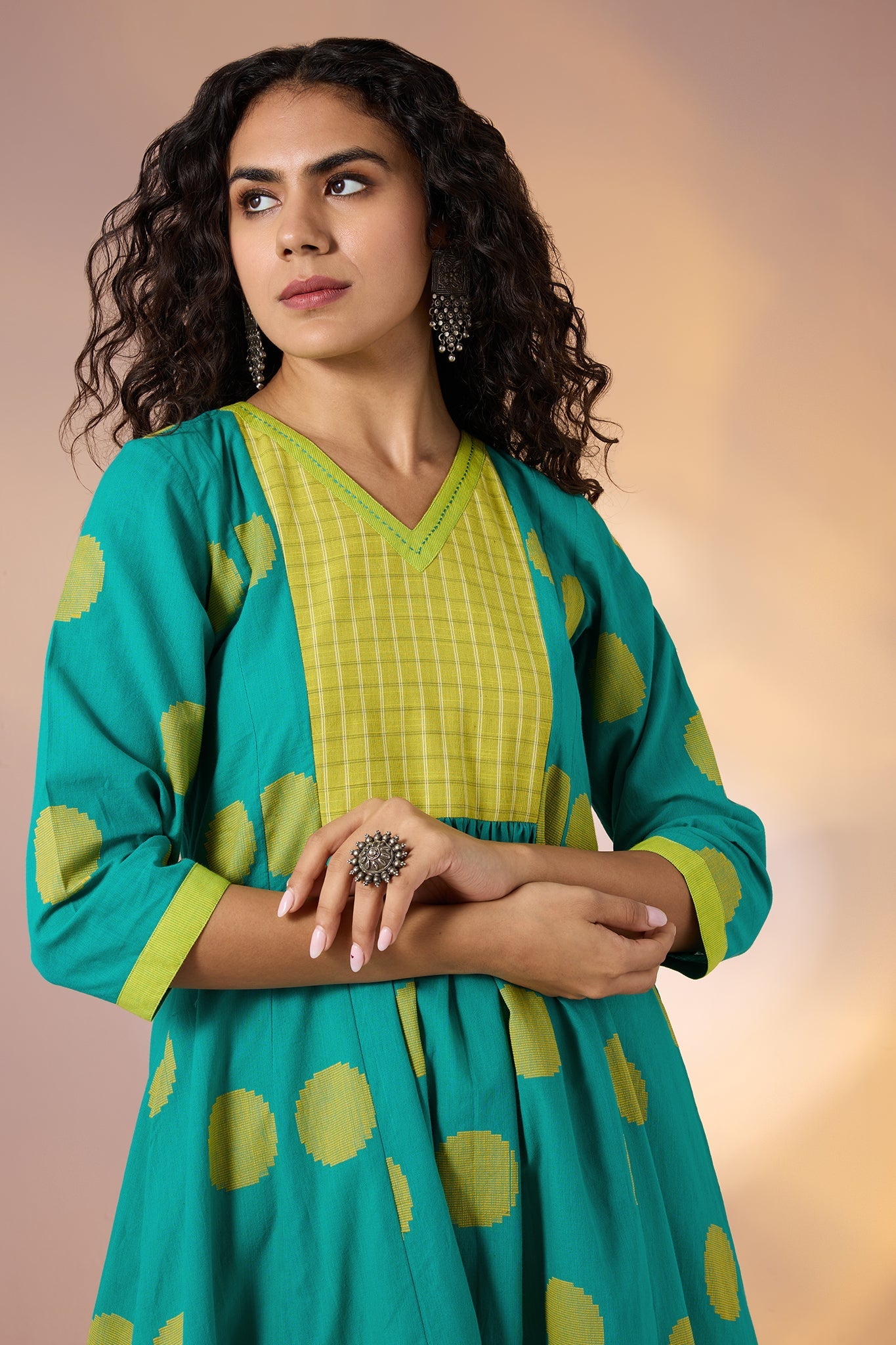 Maati Craft Gulabi Chartreuse Dots Cotton V Neck Anarkali