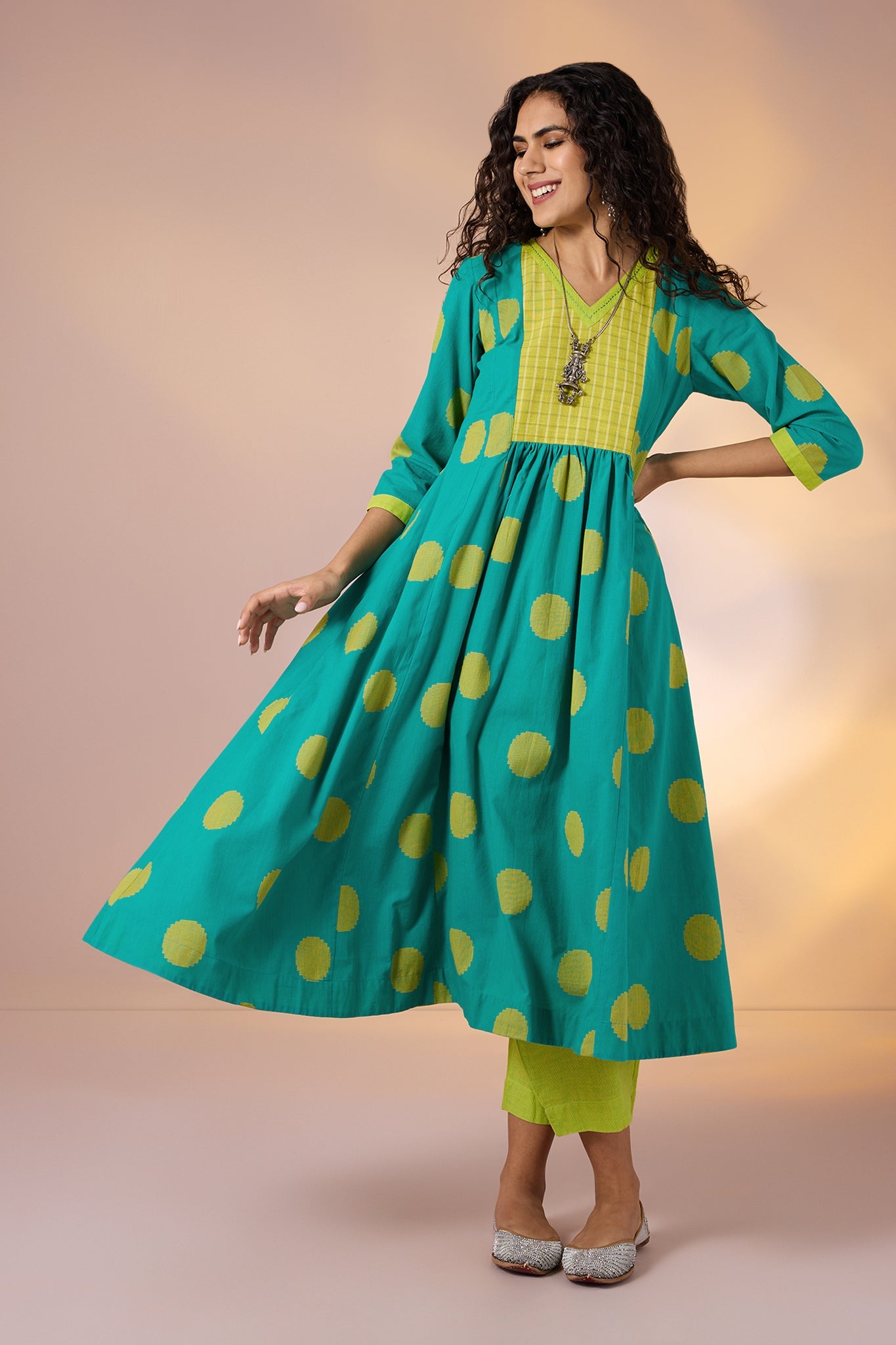 Maati Craft Gulabi Chartreuse Dots Cotton V Neck Anarkali