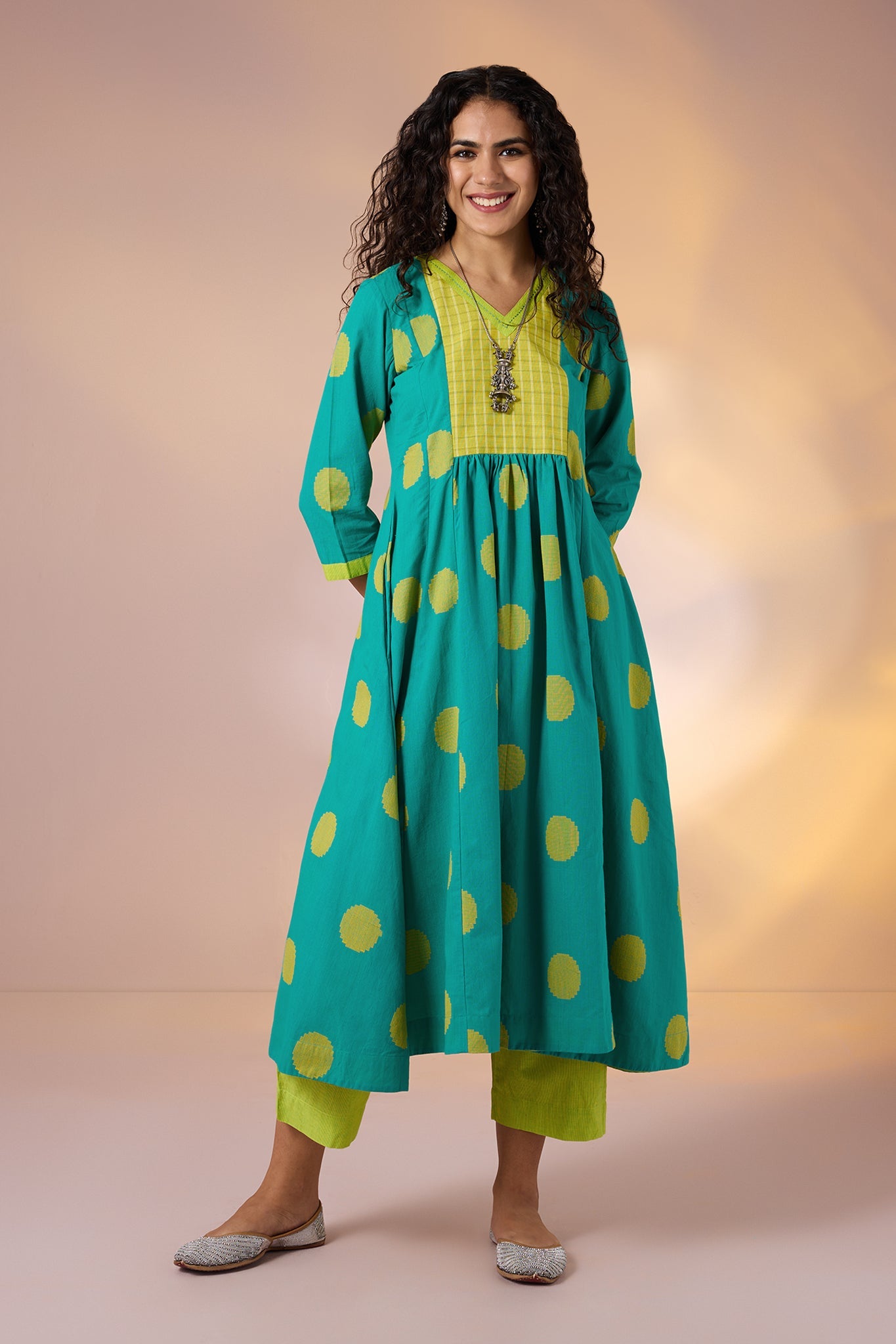 Maati Craft Gulabi Chartreuse Dots Cotton V Neck Anarkali
