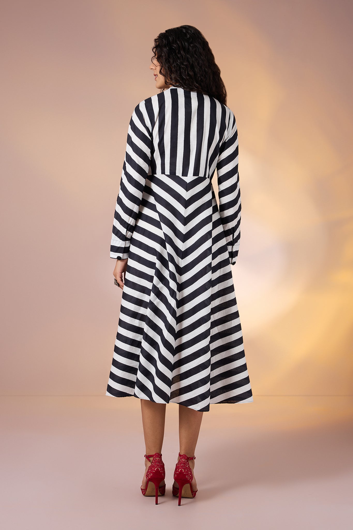 Maati Craft Gulabi Zebra Lines Cotton Flared Panel Midi Dress
