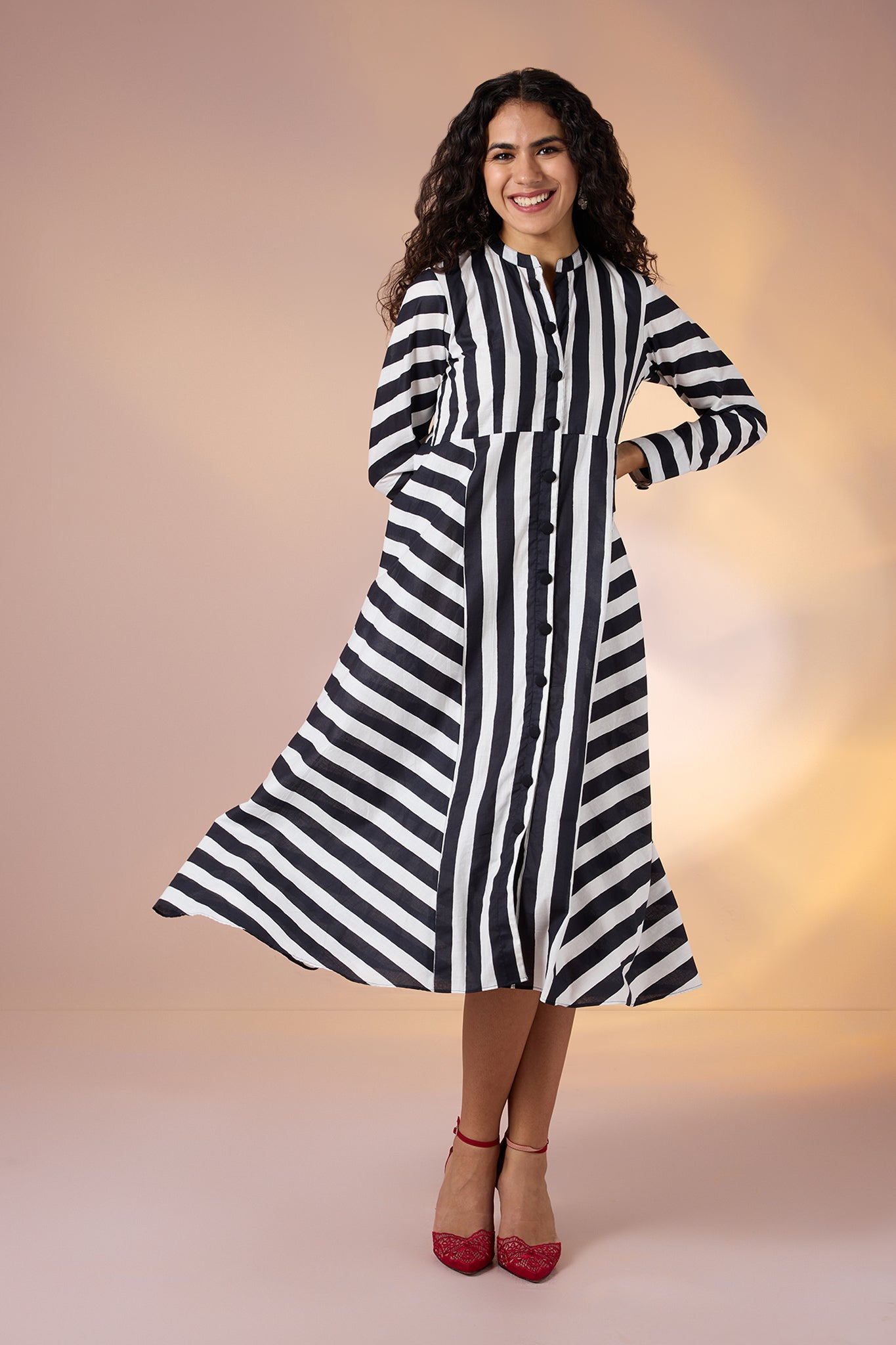 Maati Craft Gulabi Zebra Lines Cotton Flared Panel Midi Dress