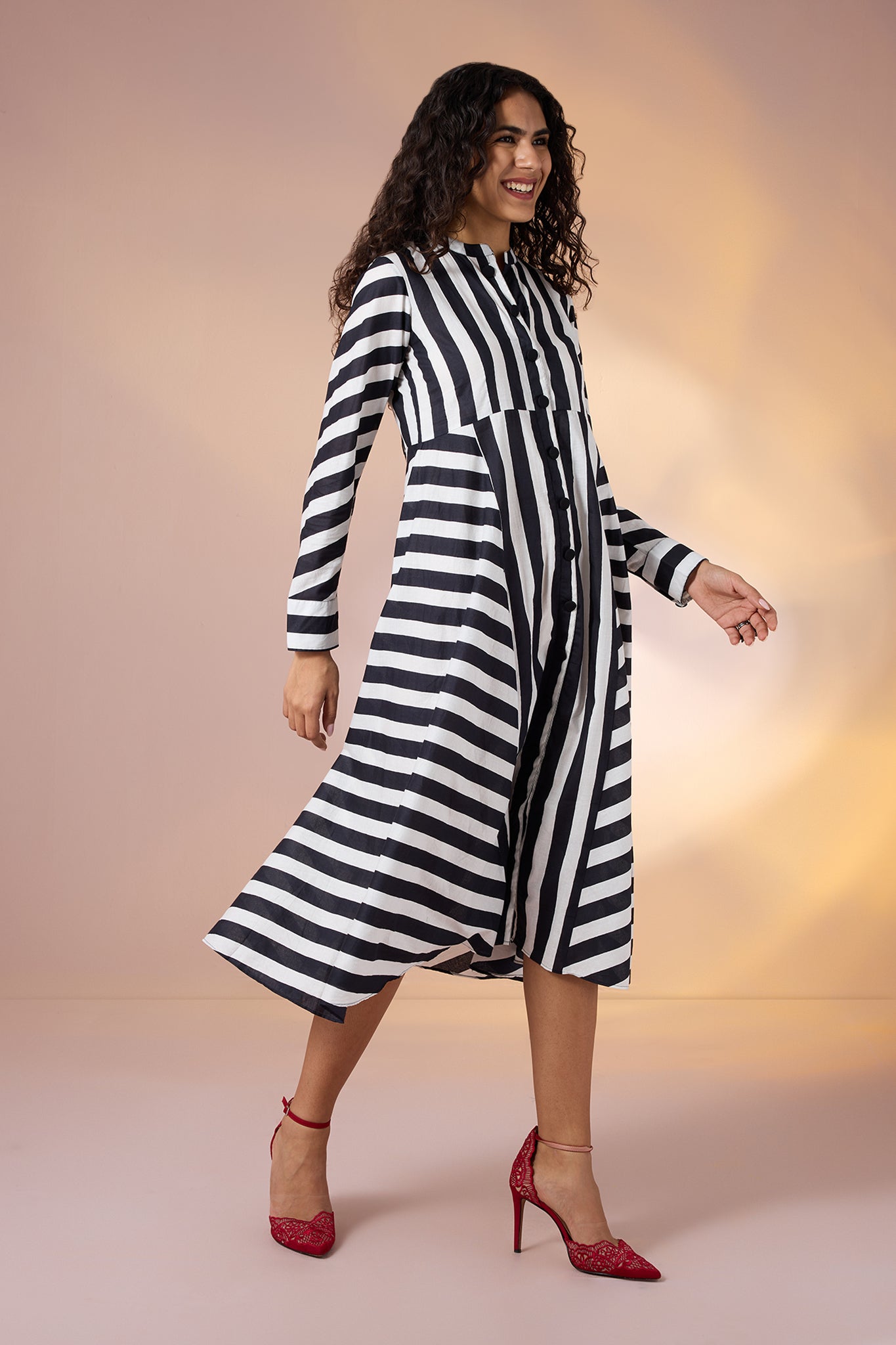 Maati Craft Gulabi Zebra Lines Cotton Flared Panel Midi Dress