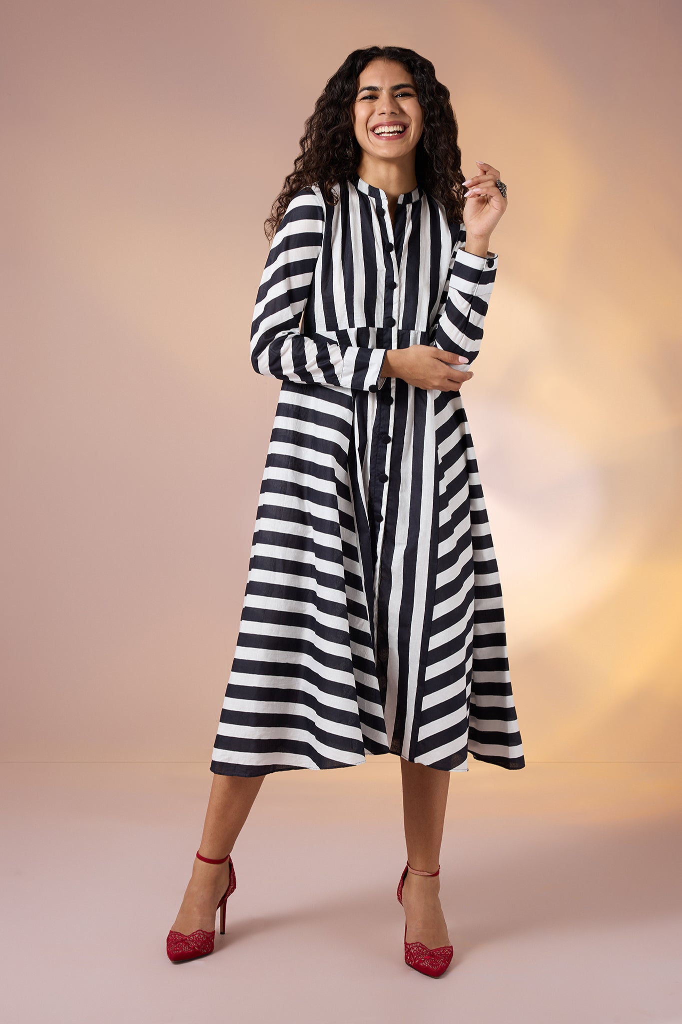 Maati Craft Gulabi Zebra Lines Cotton Flared Panel Midi Dress
