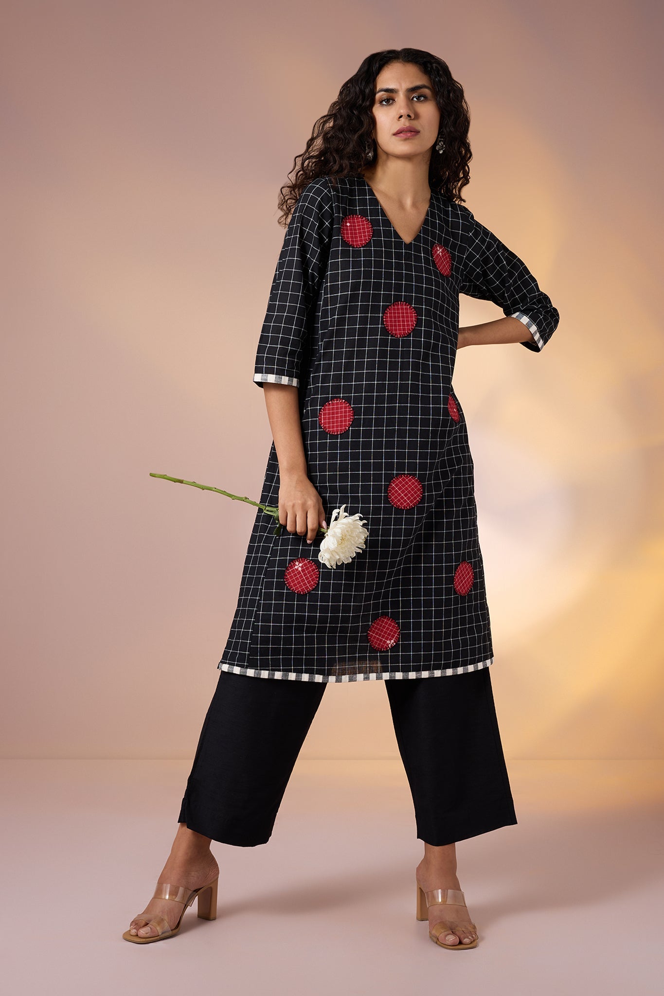 Maati Craft Gulabi Onyx Polka Cotton Kurta with Red Polka Applique