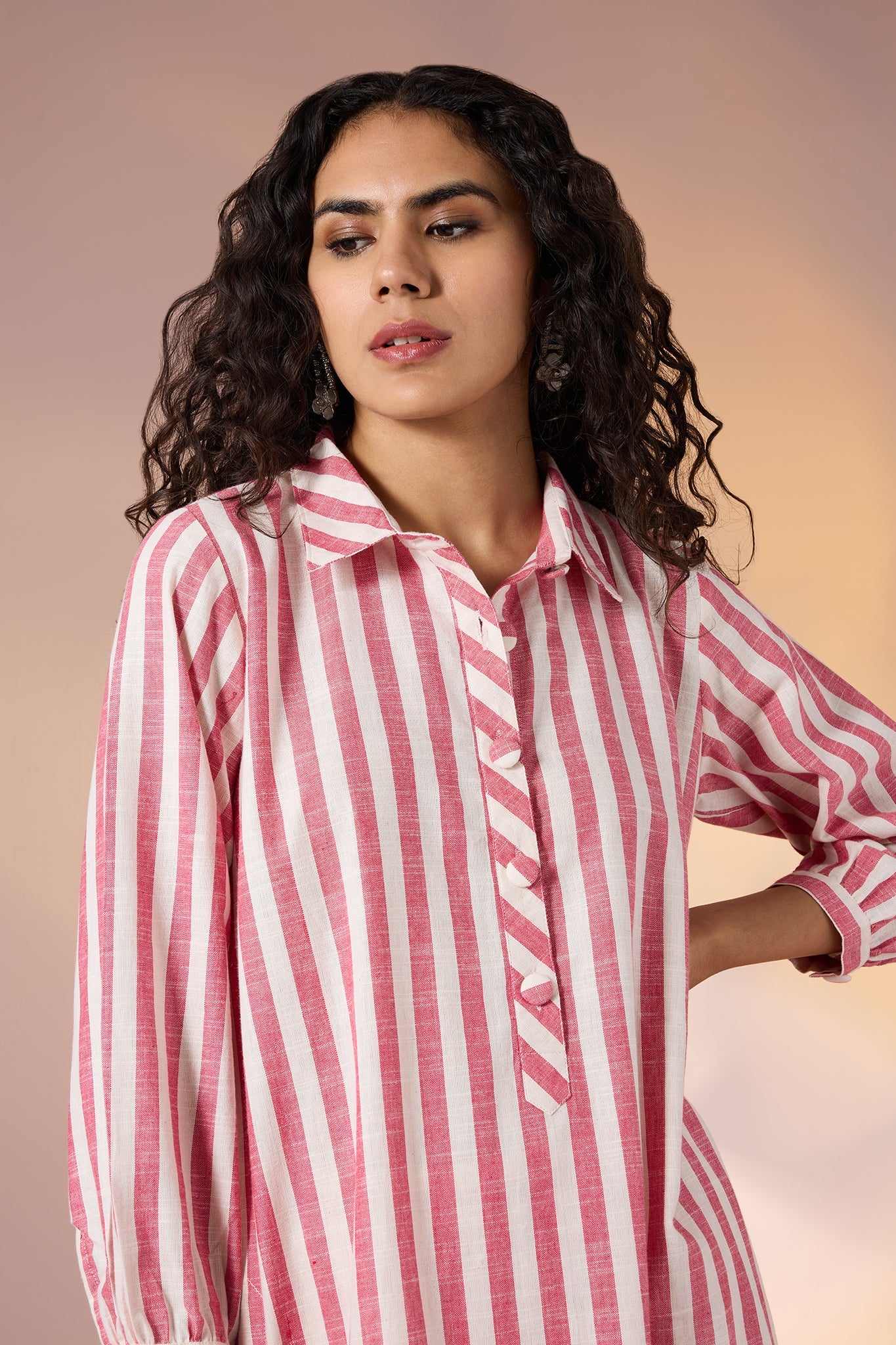 Maati Craft Coord Set Coral Chant Stripes Collar Kurta (Set Of 2)