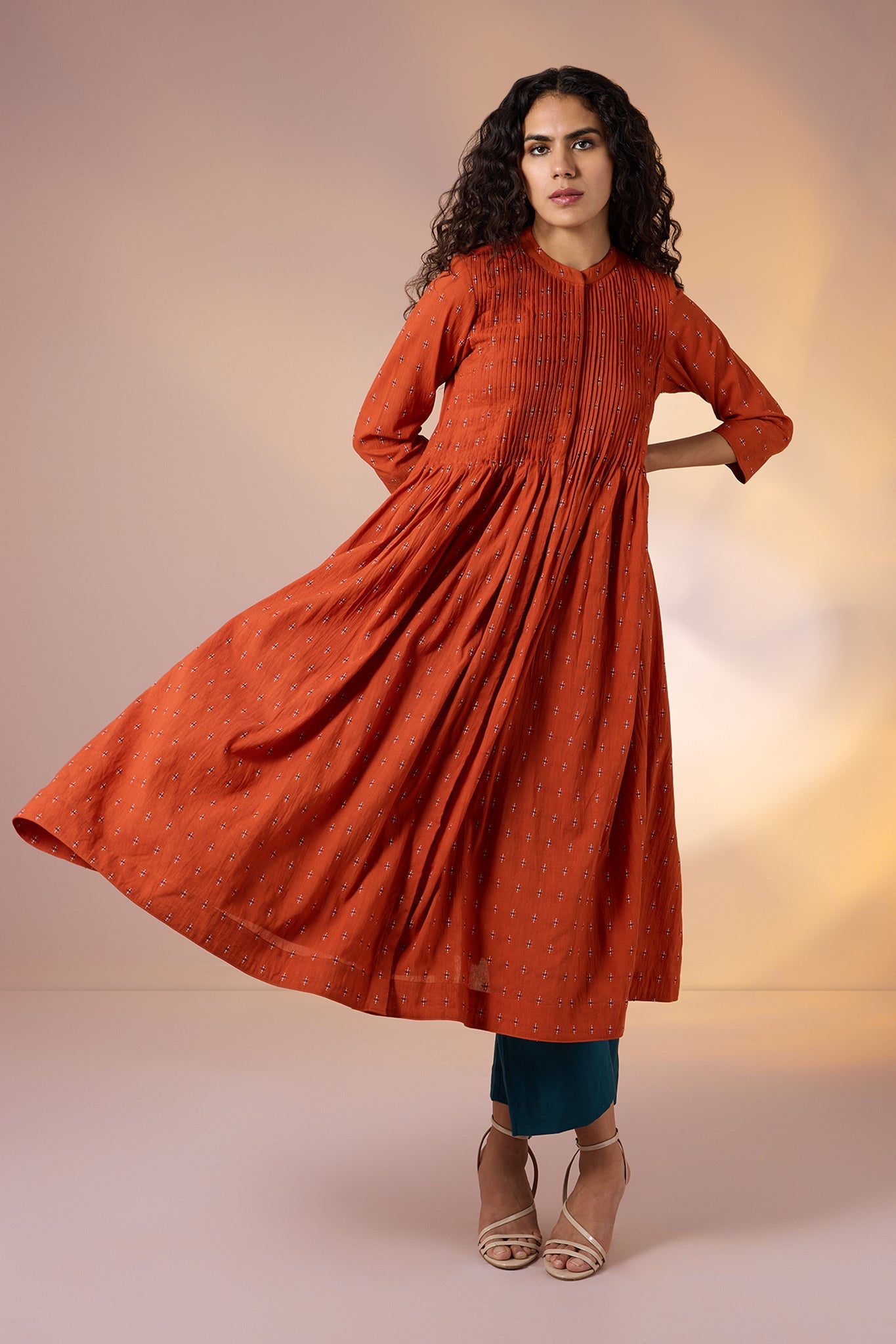 Maati Craft Gulabi Terracotta Charm Cotton Butti Dress With Pintuck