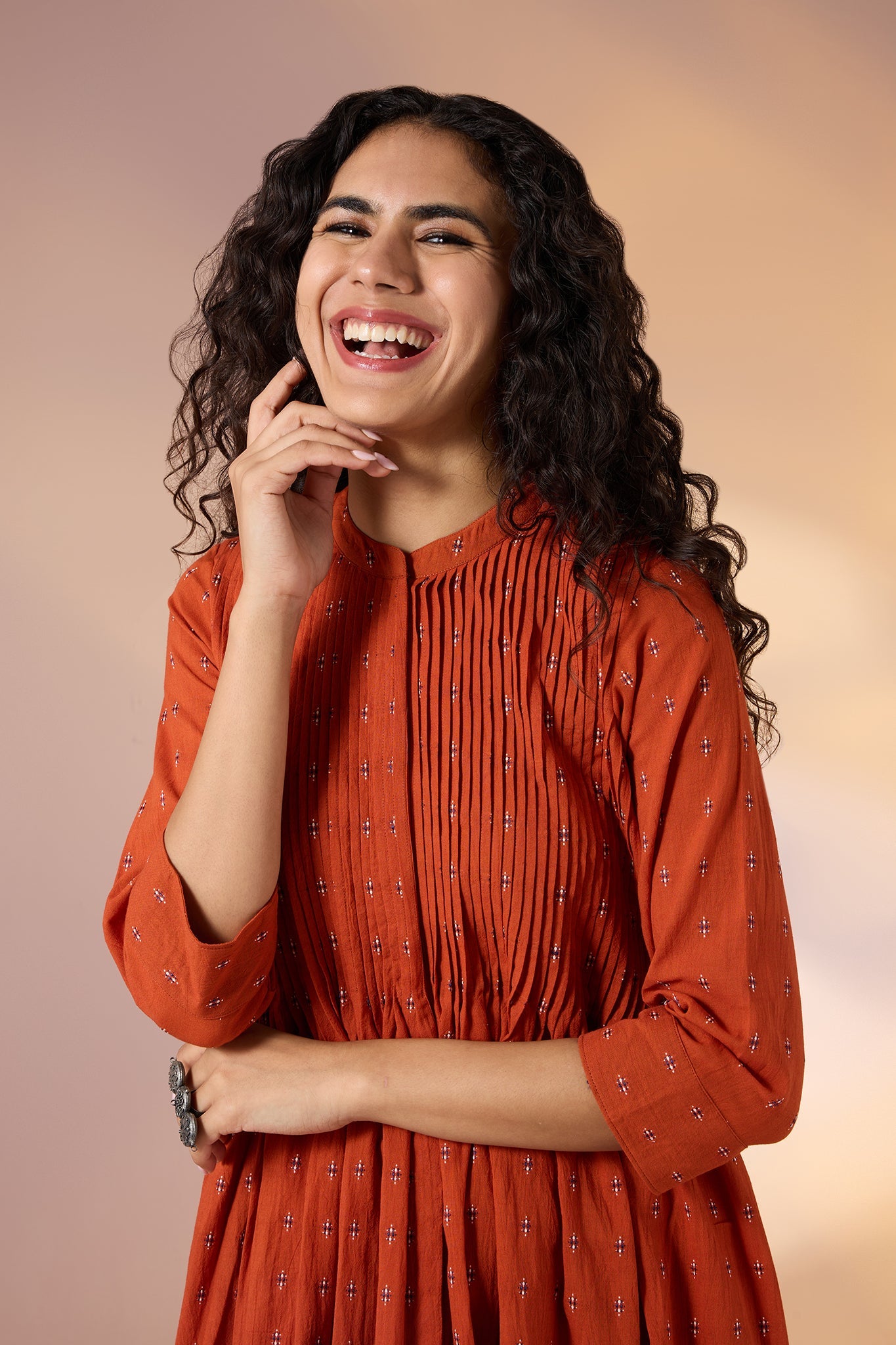 Maati Craft Gulabi Terracotta Charm Cotton Butti Dress With Pintuck