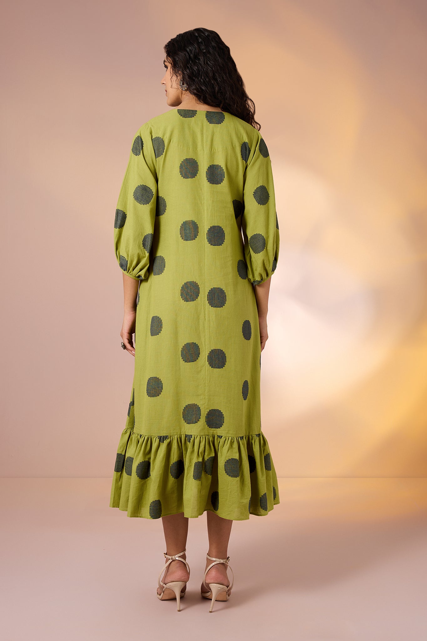 Maati Craft Gulabi Midnight Green Cotton Midi Dress with Polka & Ruffle Border