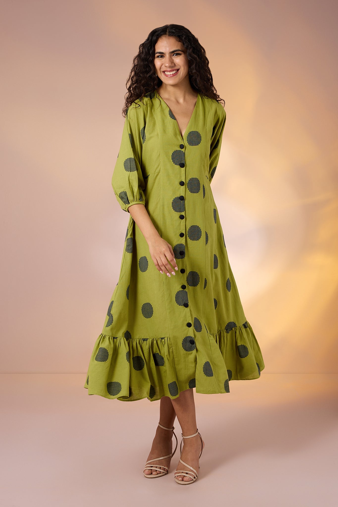 Maati Craft Gulabi Midnight Green Cotton Midi Dress with Polka & Ruffle Border