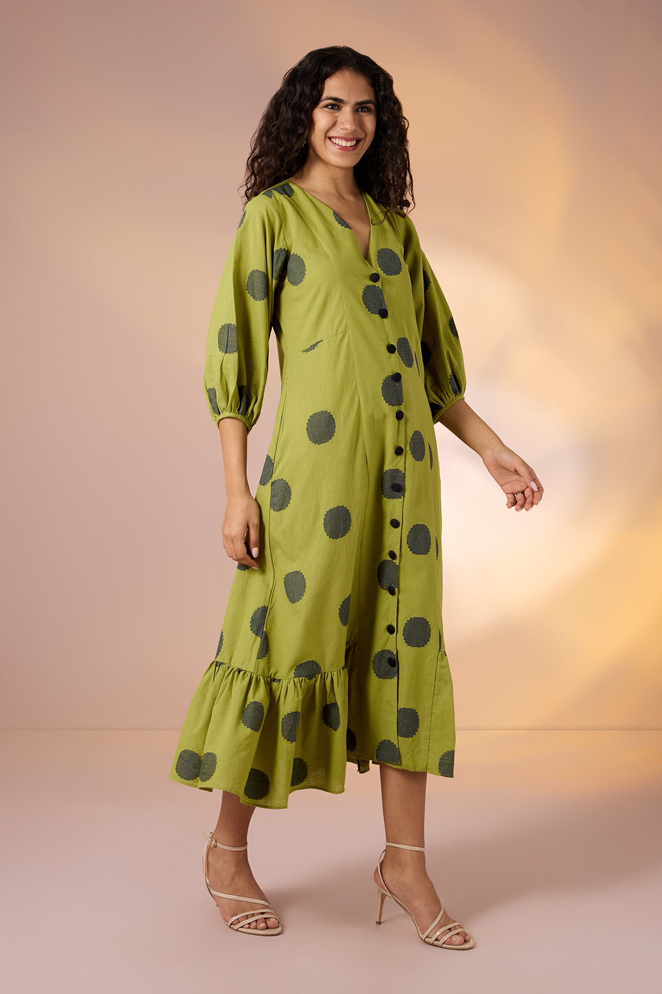 Maati Craft Gulabi Midnight Green Cotton Midi Dress with Polka & Ruffle Border