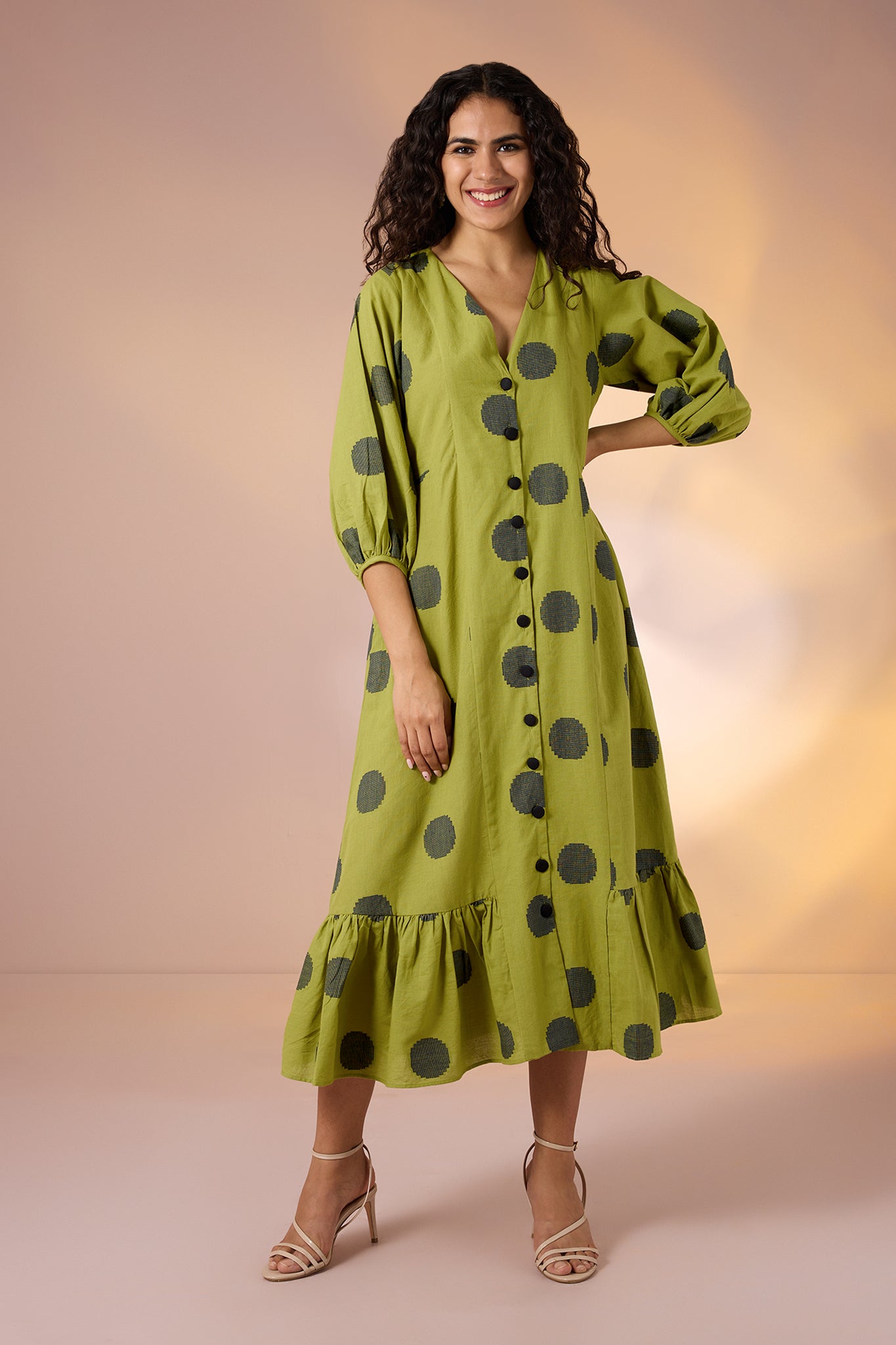 Maati Craft Gulabi Midnight Green Cotton Midi Dress with Polka & Ruffle Border