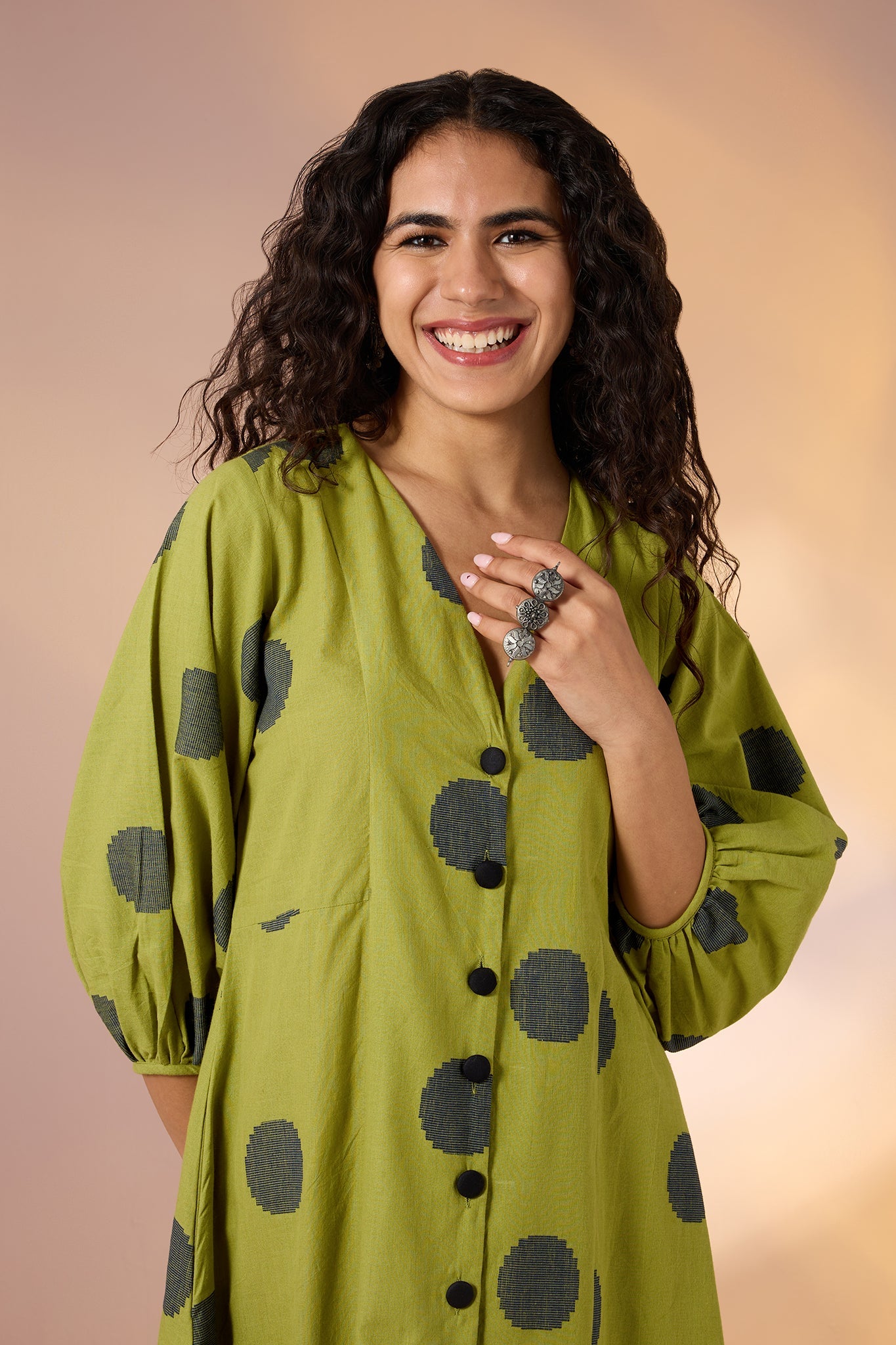 Maati Craft Gulabi Midnight Green Cotton Midi Dress with Polka & Ruffle Border