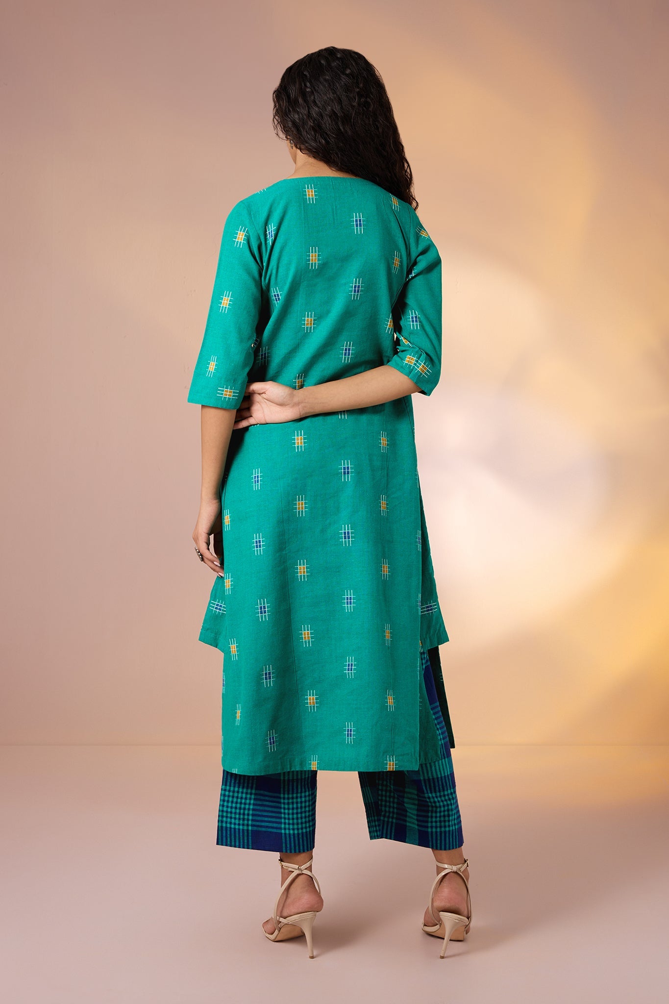 Maati Craft Co-ord Set Coastline Checks Long Kurta with Side Twist