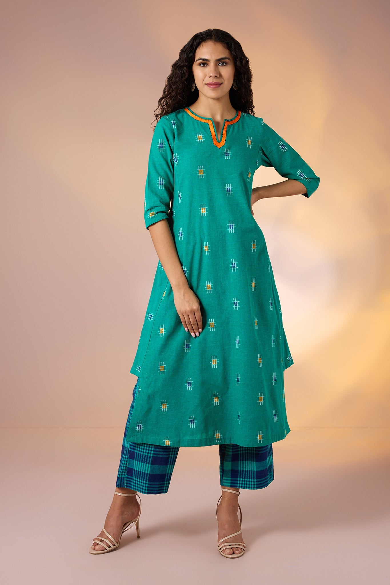 Maati Craft Co-ord Set Coastline Checks Long Kurta with Side Twist