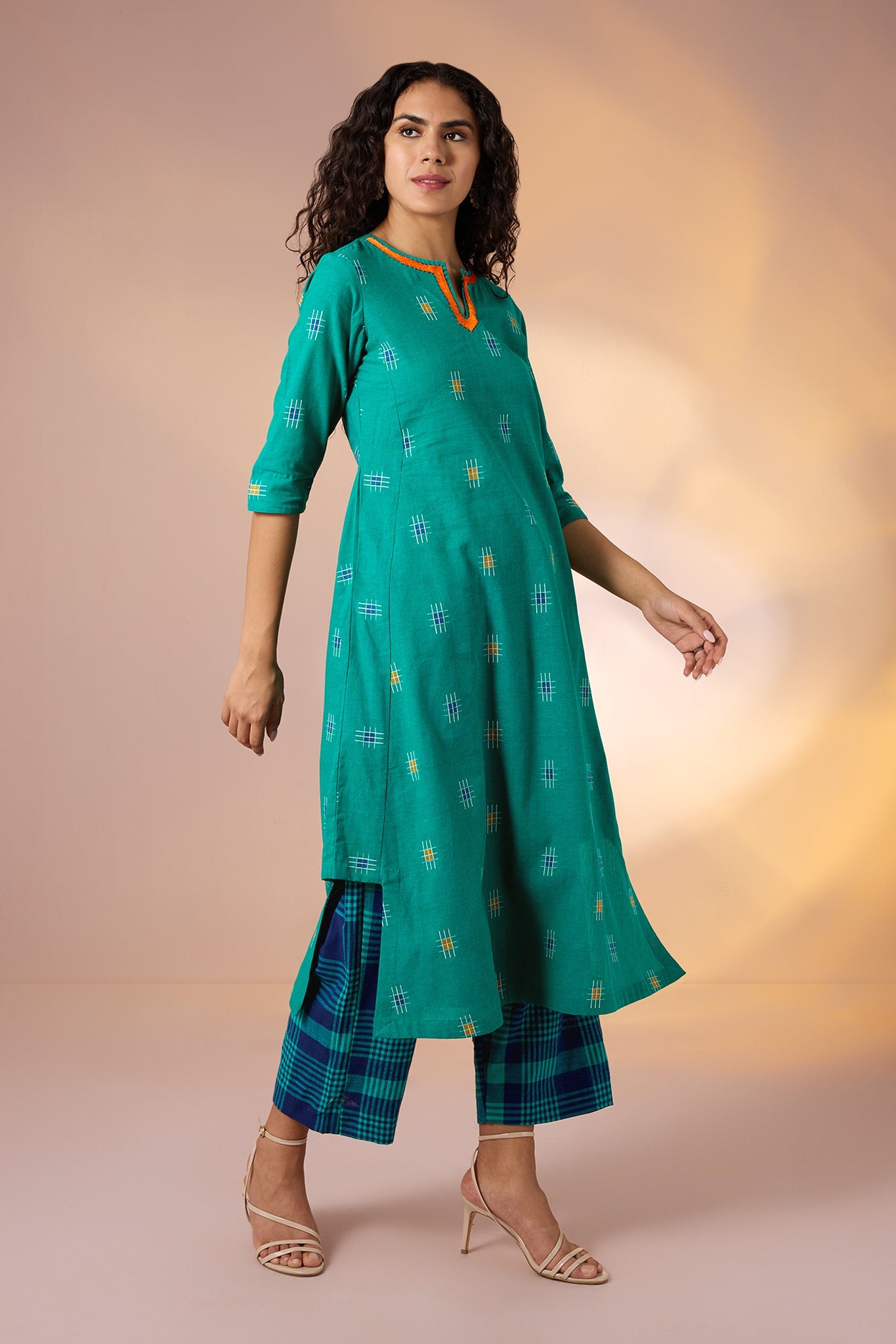Maati Craft Co-ord Set Coastline Checks Long Kurta with Side Twist
