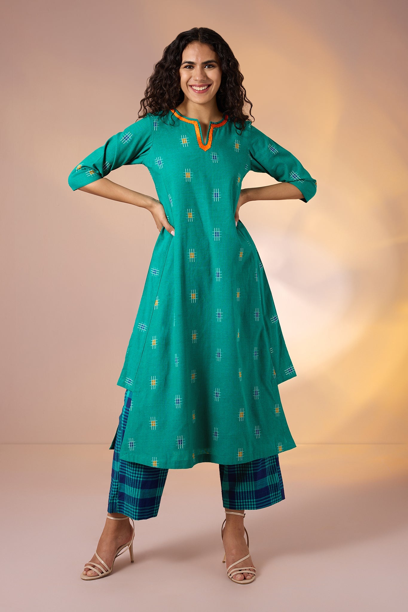 Maati Craft Co-ord Set Coastline Checks Long Kurta with Side Twist