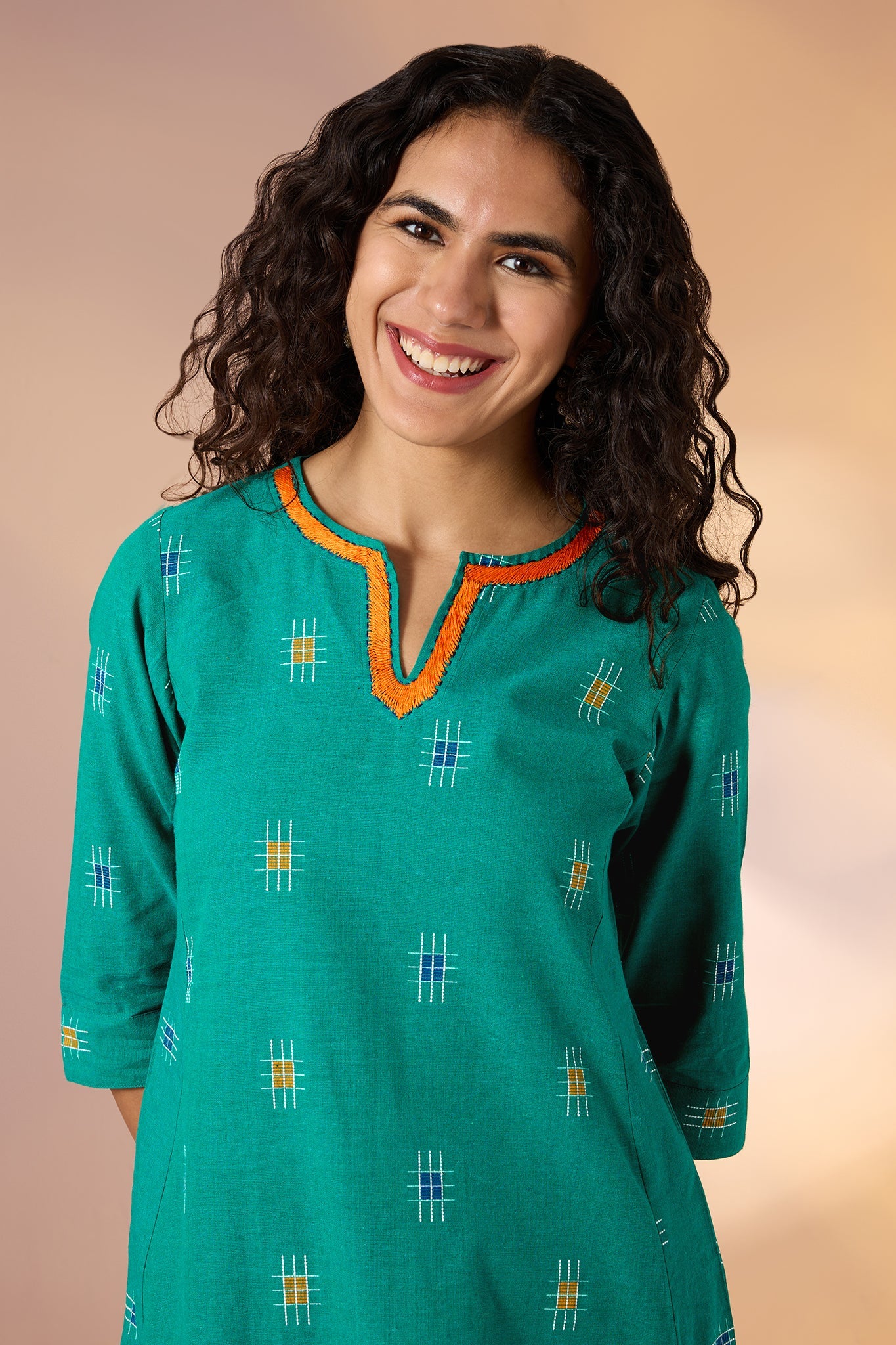 Maati Craft Co-ord Set Coastline Checks Long Kurta with Side Twist