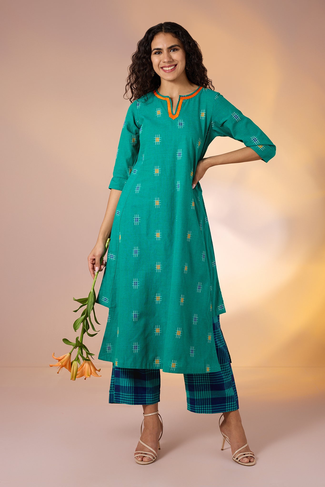 Maati Craft Co-ord Set Coastline Checks Long Kurta with Side Twist