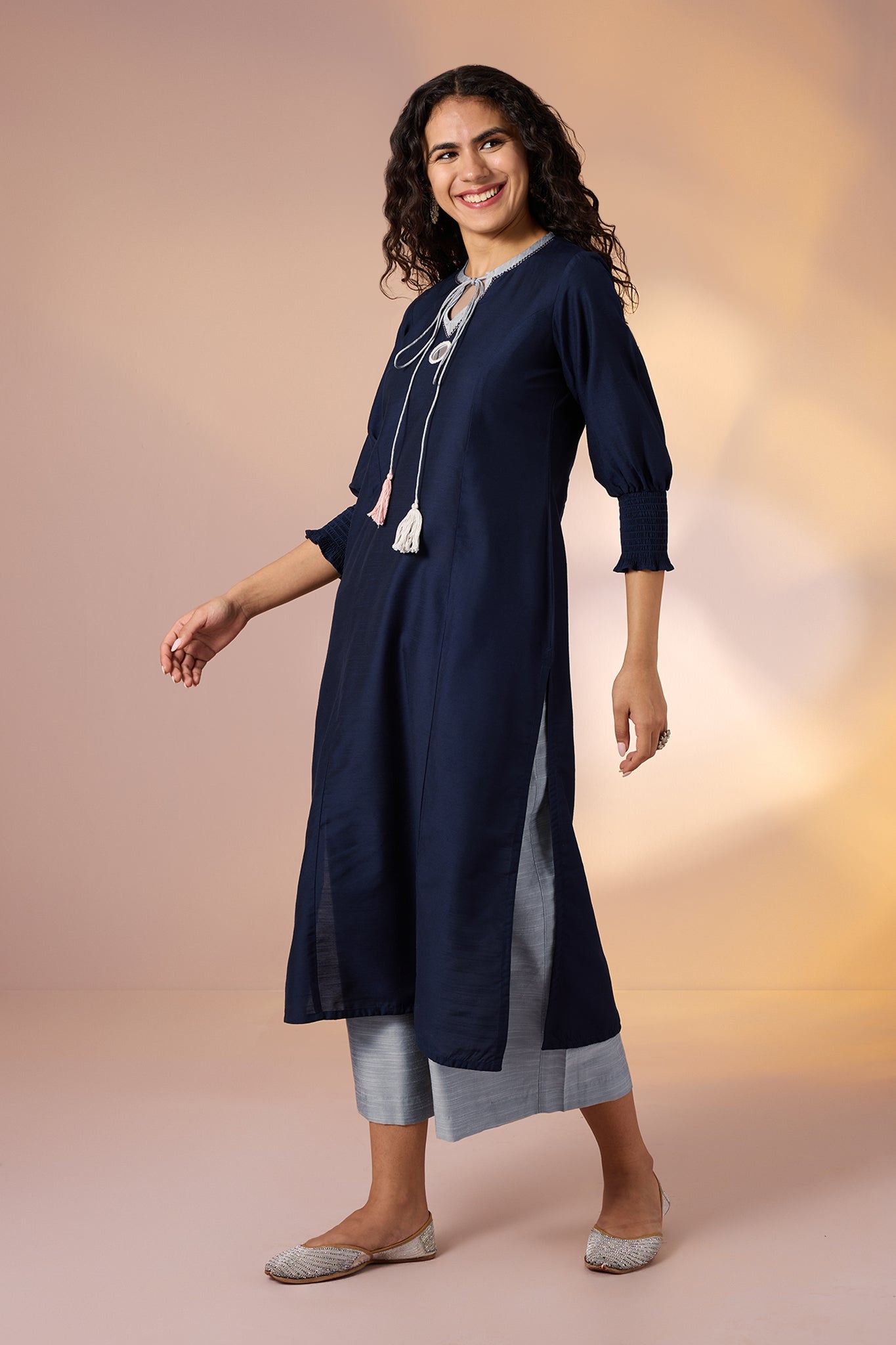 Maati Craft Gulabi Sapphire Night & Silver Trace Silk Slub Luxe Kurta with Smocked Cuff & Mirror