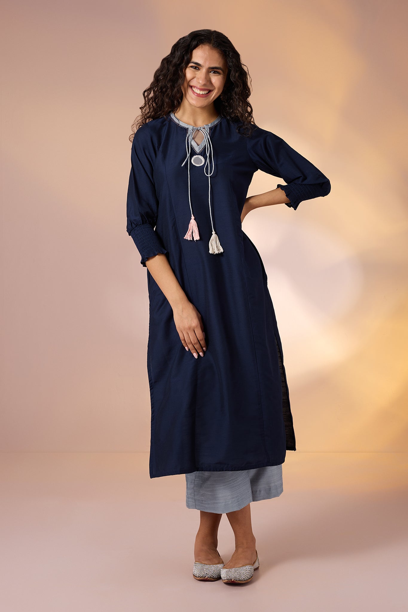 Maati Craft Gulabi Sapphire Night & Silver Trace Silk Slub Luxe Kurta with Smocked Cuff & Mirror