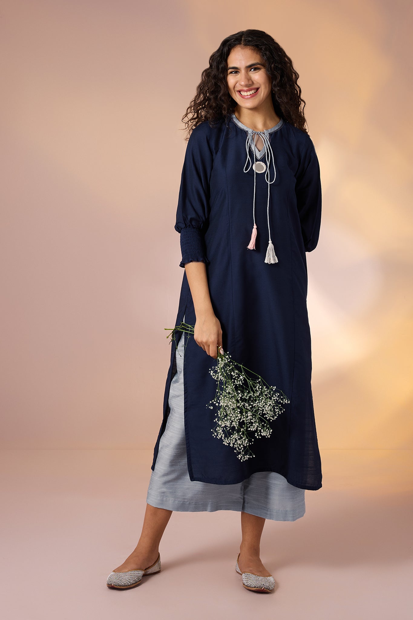 Maati Craft Gulabi Sapphire Night & Silver Trace Silk Slub Luxe Kurta with Smocked Cuff & Mirror