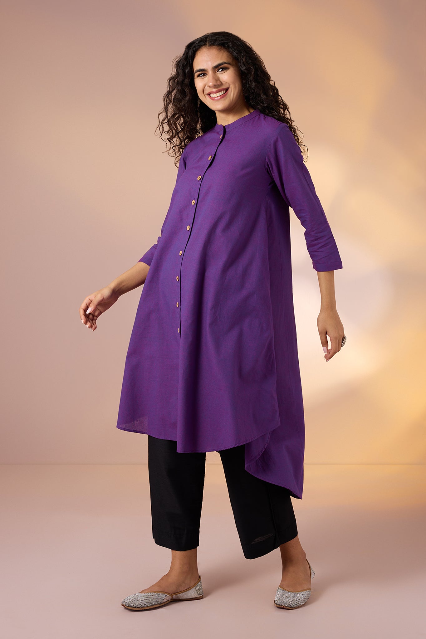 Maati Craft Gulabi Iris Shadow Cotton Asymmetrical Hemline Button Down Tunic