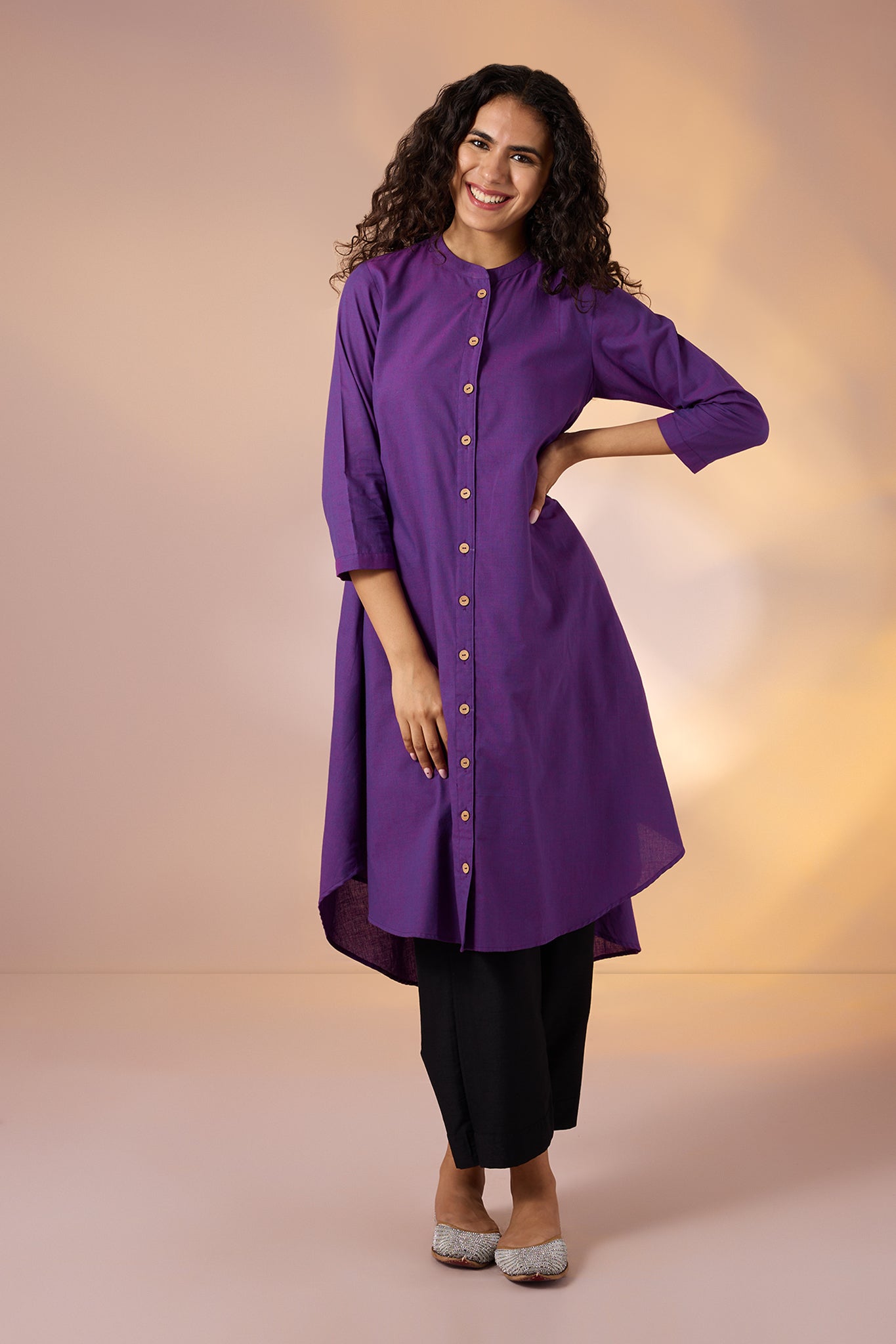 Maati Craft Gulabi Iris Shadow Cotton Asymmetrical Hemline Button Down Tunic