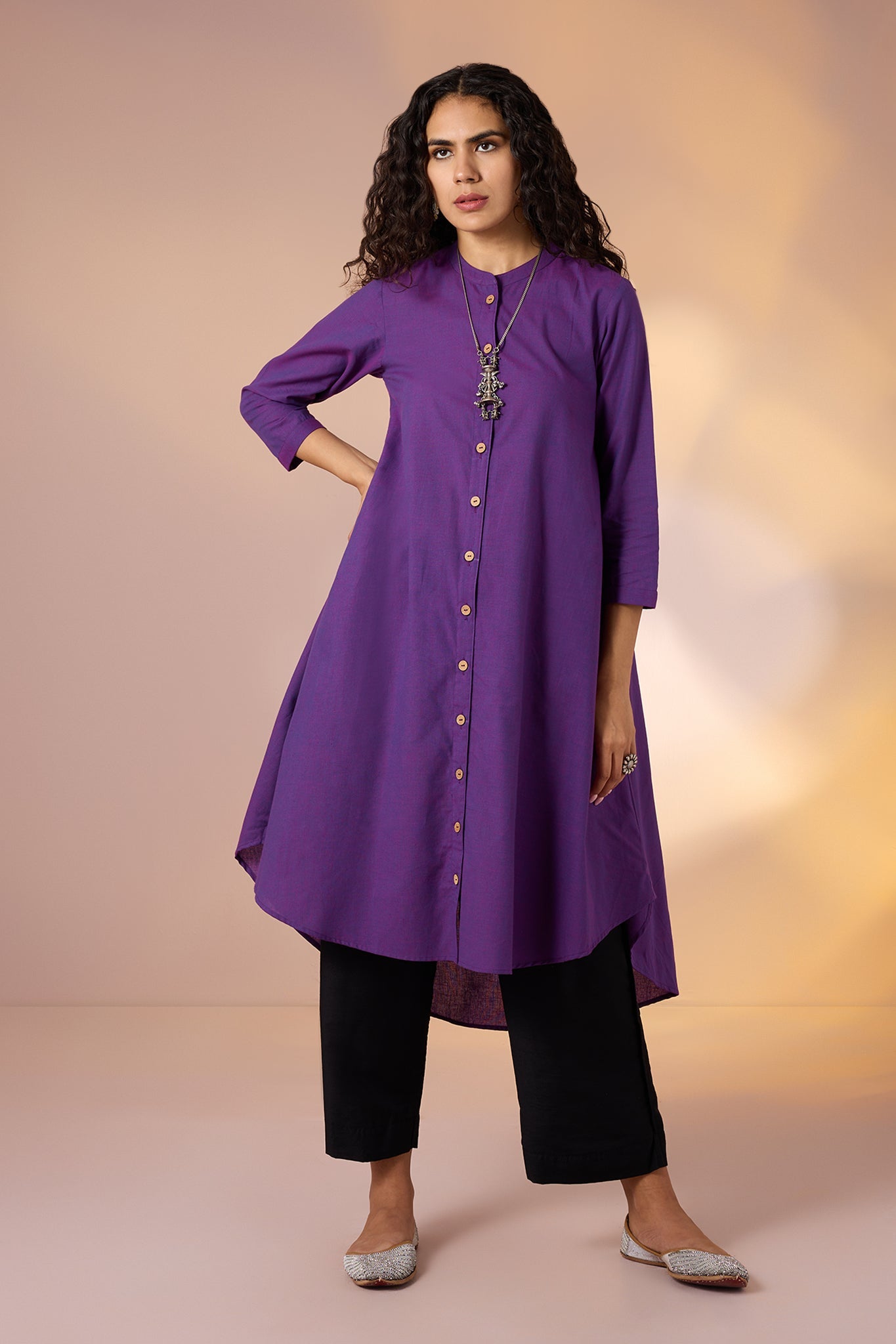 Maati Craft Gulabi Iris Shadow Cotton Asymmetrical Hemline Button Down Tunic