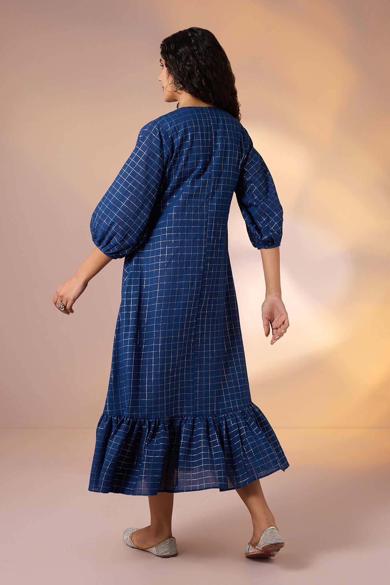 Maati Craft Gulabi Sapphire Grid Front Button Cotton Dress With Ruffle Border