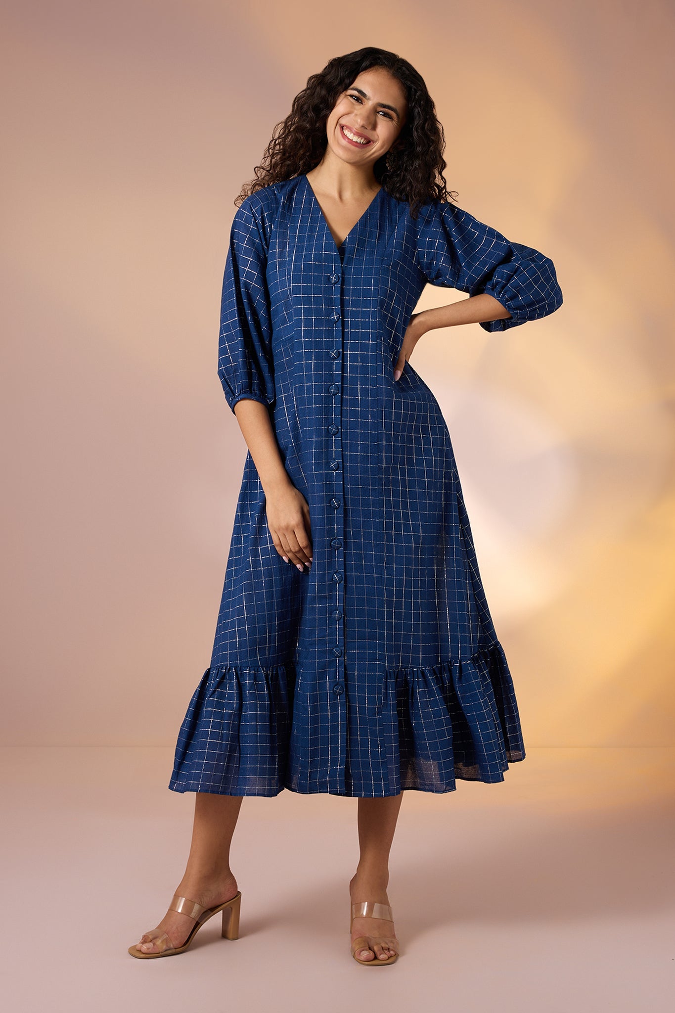 Maati Craft Gulabi Sapphire Grid Front Button Cotton Dress With Ruffle Border
